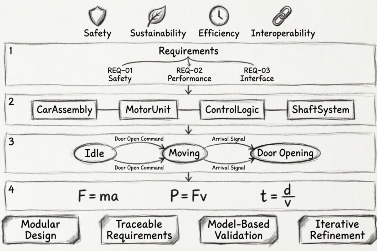 Estudio de caso de SysML en el mundo real: Cómo una ingeniera junior modeló un sistema de ascensor complejo