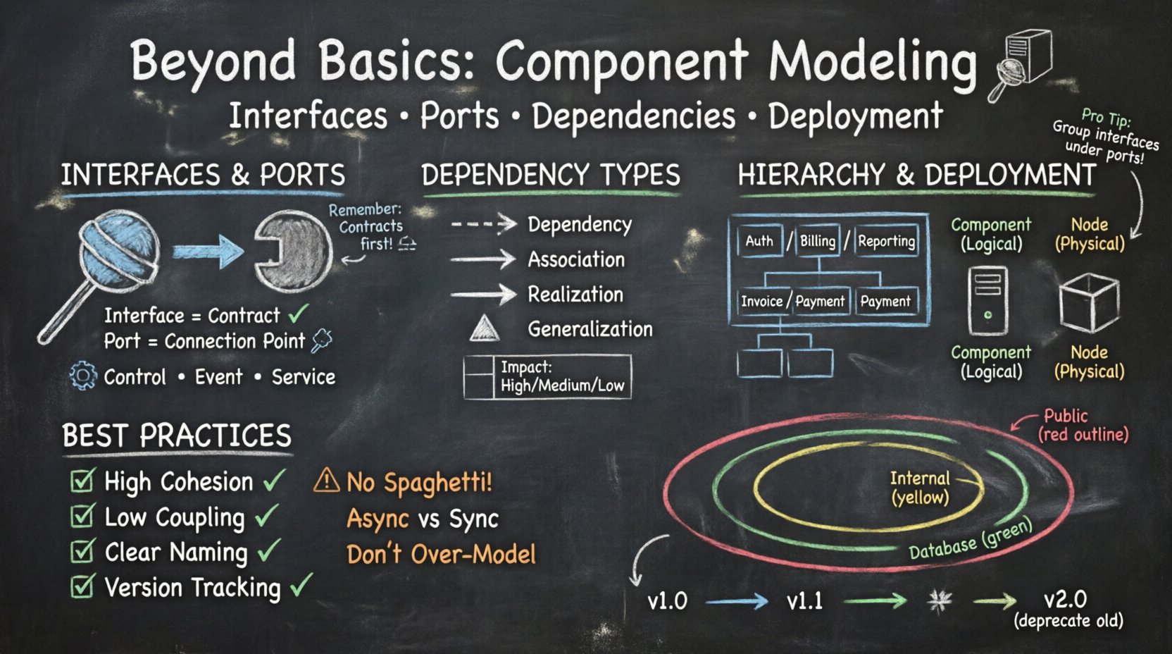 Chalkboard-style educational infographic illustrating advanced component modeling concepts for beginners, featuring hand-drawn diagrams of interfaces, ports, dependency types, hierarchical refinement, deployment mapping, best practices, and security considerations in software architecture