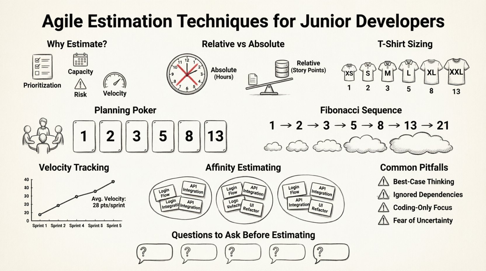 Line art infographic summarizing Agile estimation techniques for junior developers including Planning Poker, Fibonacci story points, T-Shirt sizing, affinity estimating, velocity tracking, and common pitfalls to avoid in Scrum sprint planning