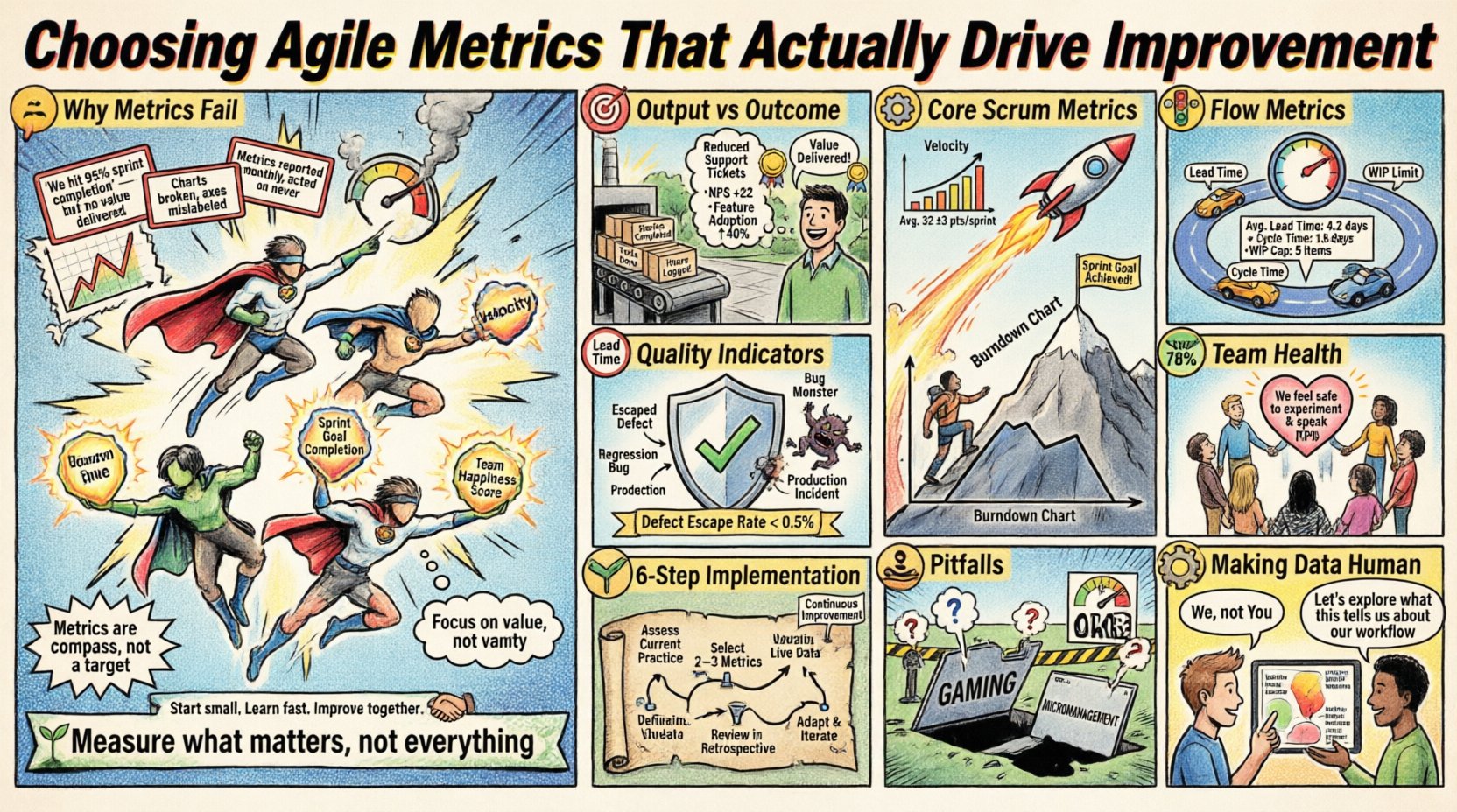 Comic book style infographic summarizing how to choose Agile metrics that drive improvement: covers why metrics fail, output vs outcome, core Scrum metrics like velocity and burndown charts, flow metrics including lead time and cycle time, quality indicators, team health measures, a 6-step implementation strategy, common pitfalls to avoid, and the principle of making data human—all presented in vibrant pop-art panels with speech bubbles and heroic team illustrations for Scrum and Agile practitioners.