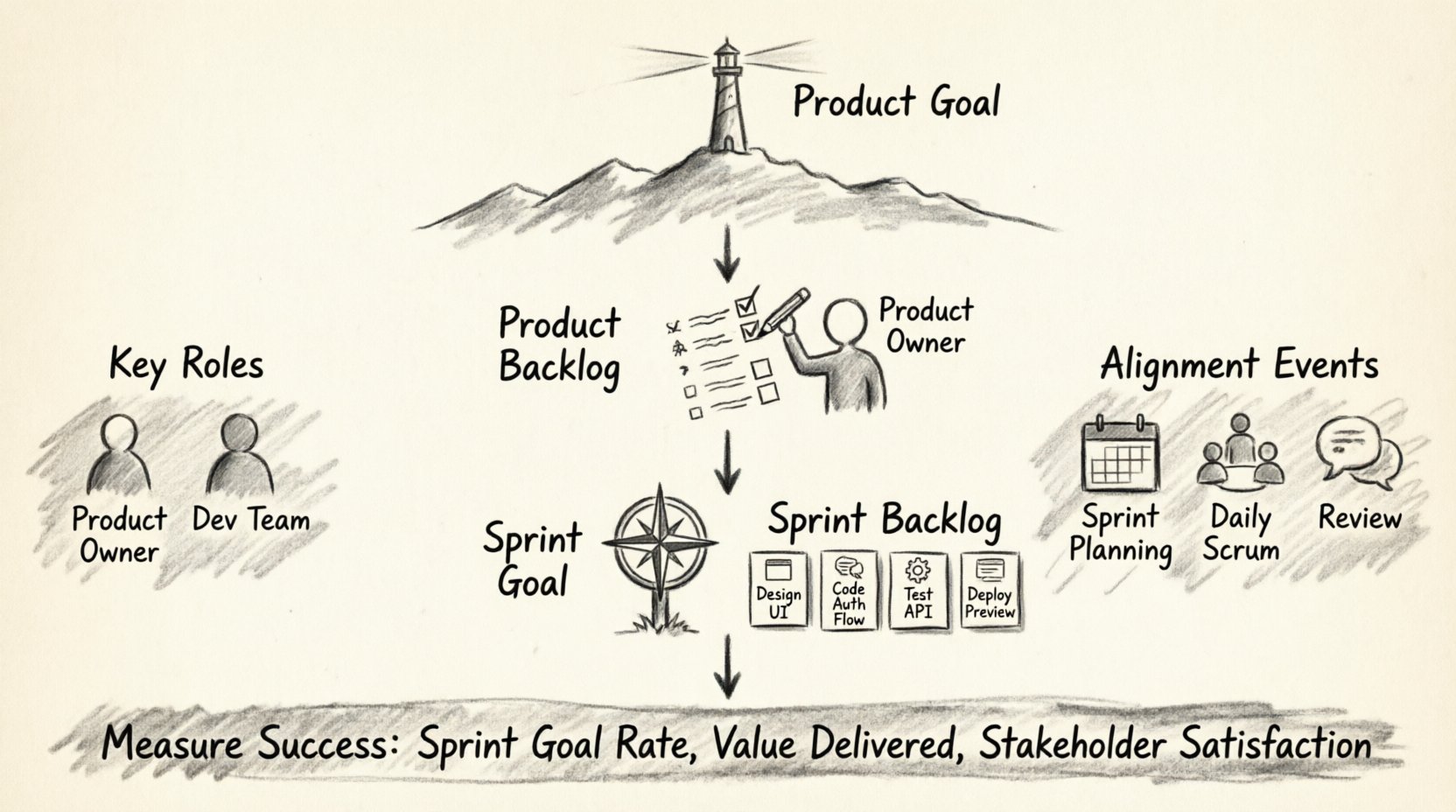 Charcoal sketch infographic illustrating Scrum alignment hierarchy: Product Goal as long-term vision at top, flowing through Product Backlog prioritization, Sprint Goal checkpoints, and Sprint Backlog tasks, with key roles (Product Owner, Dev Team), critical events (Planning, Daily Scrum, Review), common pitfalls, and success metrics to keep sprint work focused on delivering product value