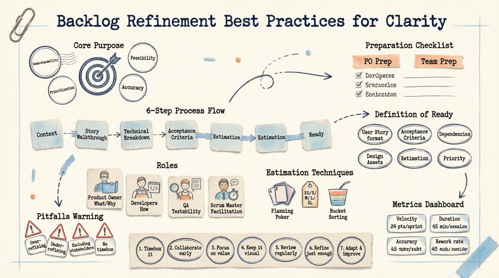 Infographic illustrating backlog refinement best practices for Agile teams: core purpose, preparation steps, 6-step refinement process flow, Definition of Ready checklist, role responsibilities, estimation techniques, common pitfalls to avoid, and key metrics - presented in a decorative stamp and washi tape style with hand-drawn elements on a 16:9 layout
