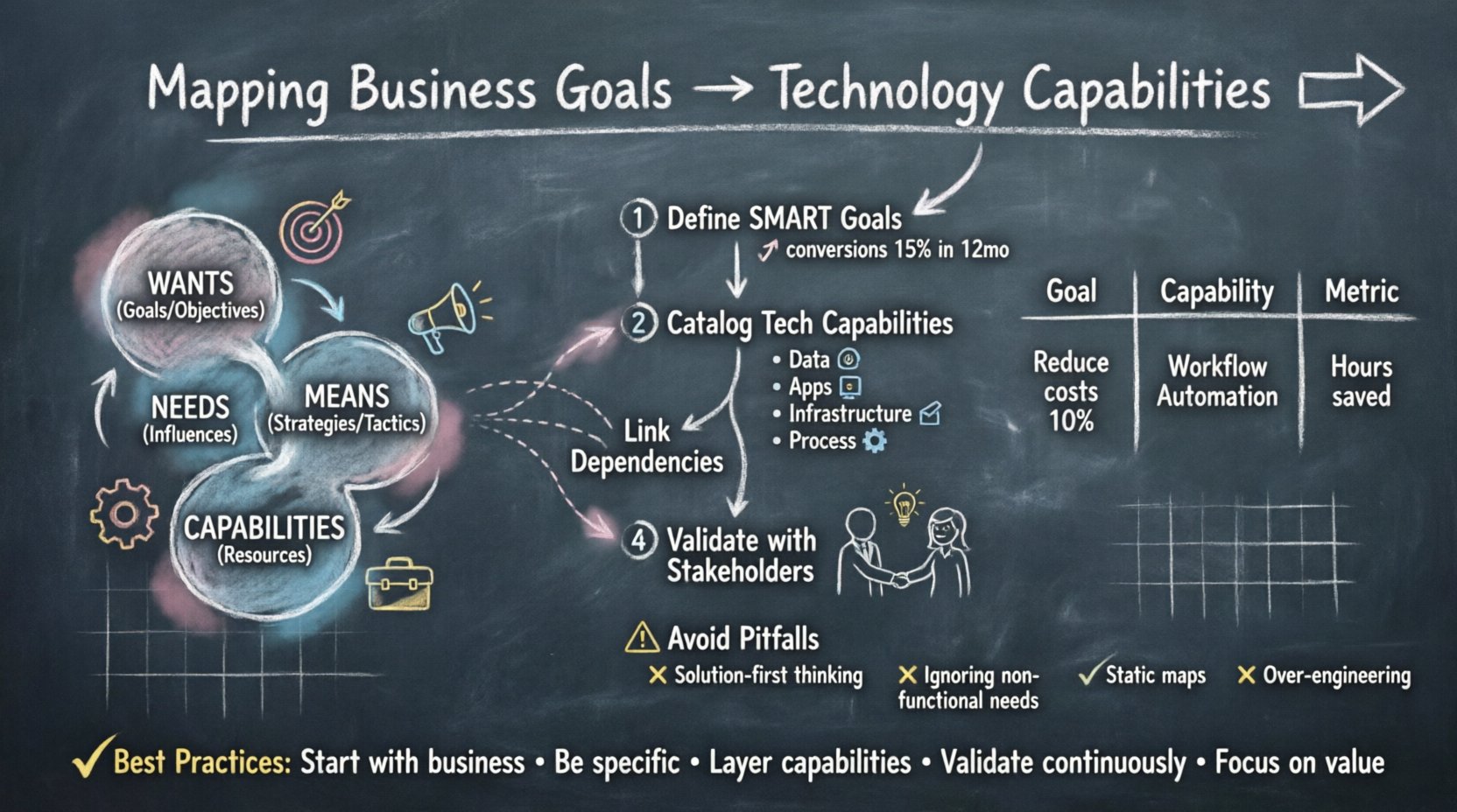 Chalkboard-style educational infographic illustrating how to map business goals to technology capabilities using the Business Motivation Model (BMM). Features hand-drawn diagrams showing the BMM framework (Wants→Needs→Means→Capabilities), a 4-step workflow (Define SMART Goals, Catalog Tech Capabilities, Link Dependencies, Validate with Stakeholders), capability layers (Data, Applications, Infrastructure, Process), a sample goal-capability mapping table, common pitfalls to avoid, and best practices checklist. Designed with teacher-style handwritten chalk text on dark slate background for intuitive enterprise architecture alignment guidance.