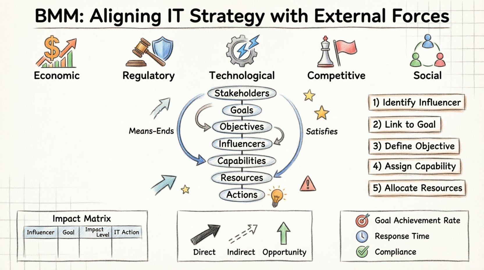 Hand-drawn infographic illustrating the Business Motivation Model (BMM) framework for evaluating external influencers on IT strategy, showing five influencer categories (Economic, Regulatory, Technological, Competitive, Social), the logic chain from influencer to IT capability, means-ends relationships, and key metrics for measuring strategic alignment