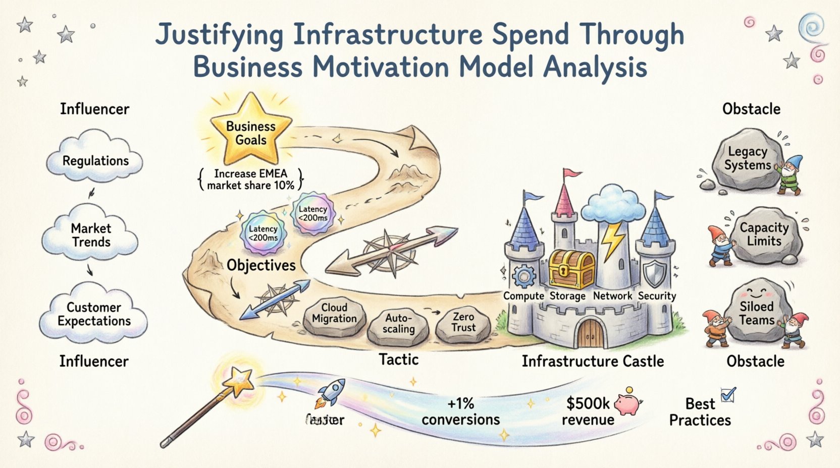Whimsical infographic illustrating the Business Motivation Model framework for justifying IT infrastructure spend, showing the value chain from business goals and objectives through strategies and tactics to infrastructure capabilities like compute, storage, network and security, with visual mappings of influencers, obstacles, ROI conversions, and risk assessment in a playful hand-drawn style with pastel colors