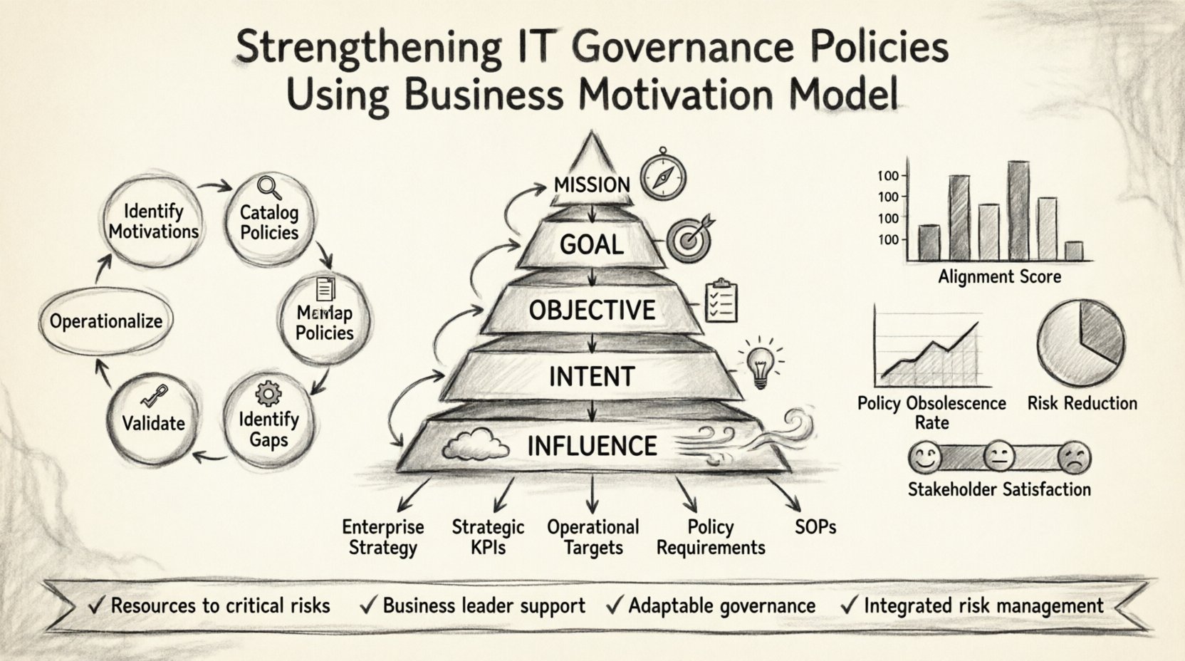 Charcoal sketch infographic illustrating how the Business Motivation Model strengthens IT governance policies, featuring a hierarchical pyramid from Mission to Goal to Objective to Intent mapped to governance artifacts, six-step implementation framework, key effectiveness metrics including alignment score and risk reduction, and benefits checklist for strategic IT governance alignment