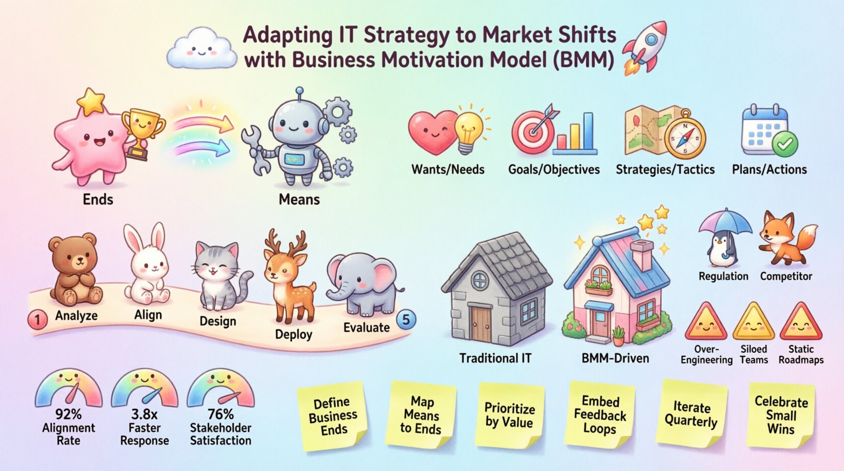 Kawaii-style infographic explaining the Business Motivation Model (BMM) for adapting IT strategy to market shifts, featuring cute icons for Ends vs Means, alignment steps, traditional vs BMM-driven comparison, and key metrics in pastel colors