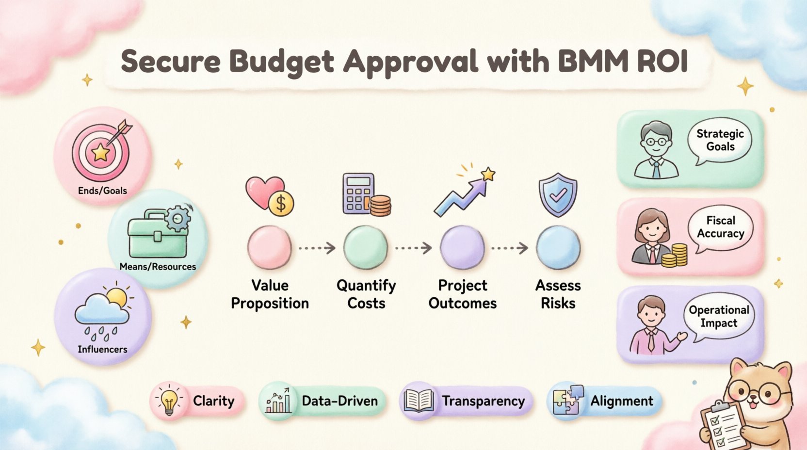 Kawaii cute vector infographic showing how to secure budget approval using the Business Motivation Model ROI analysis framework, featuring pastel icons for Ends-goals, Means-resources, and Influencers-factors, a four-phase ROI process roadmap with value proposition, cost quantification, outcome projection, and risk assessment, plus stakeholder-specific tips for leadership, CFO, and operations teams, all in soft rounded shapes with mint, lavender, pink and baby blue colors