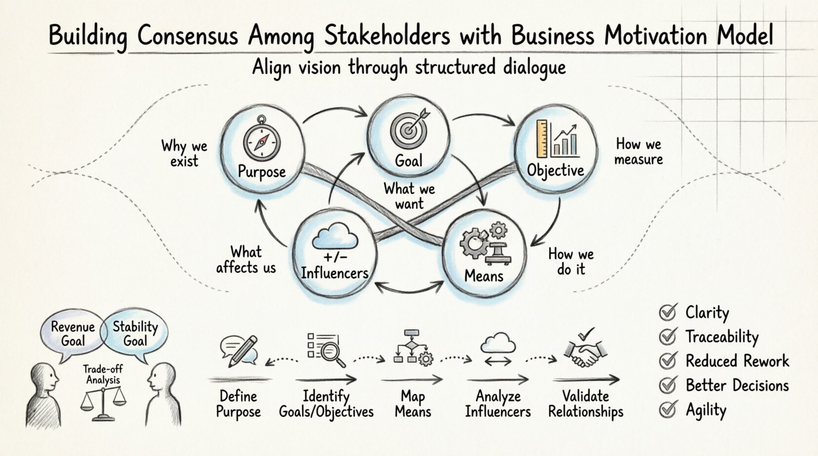 Sketch-style infographic illustrating the Business Motivation Model for stakeholder consensus: core elements (Purpose, Goal, Objective, Means, Influencers), 5-step workshop process, conflict resolution framework, and key benefits like clarity, traceability, and agility in a 16:9 hand-drawn business illustration