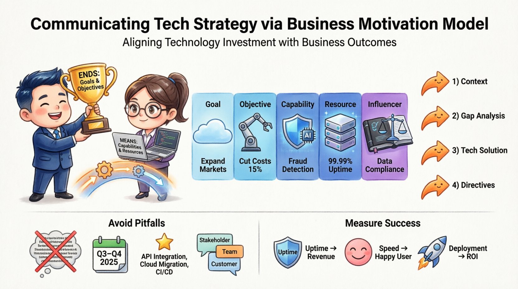Chibi-style infographic illustrating the Business Motivation Model framework for communicating technology strategy to non-technical executives, featuring cute cartoon characters representing business goals (Ends) and technical capabilities (Means), visual mapping of cloud deployment, automation, ML pipelines, and compliance to business outcomes like market expansion, cost reduction, and risk management, plus a 4-step narrative flowchart and key communication tips for aligning IT initiatives with executive priorities