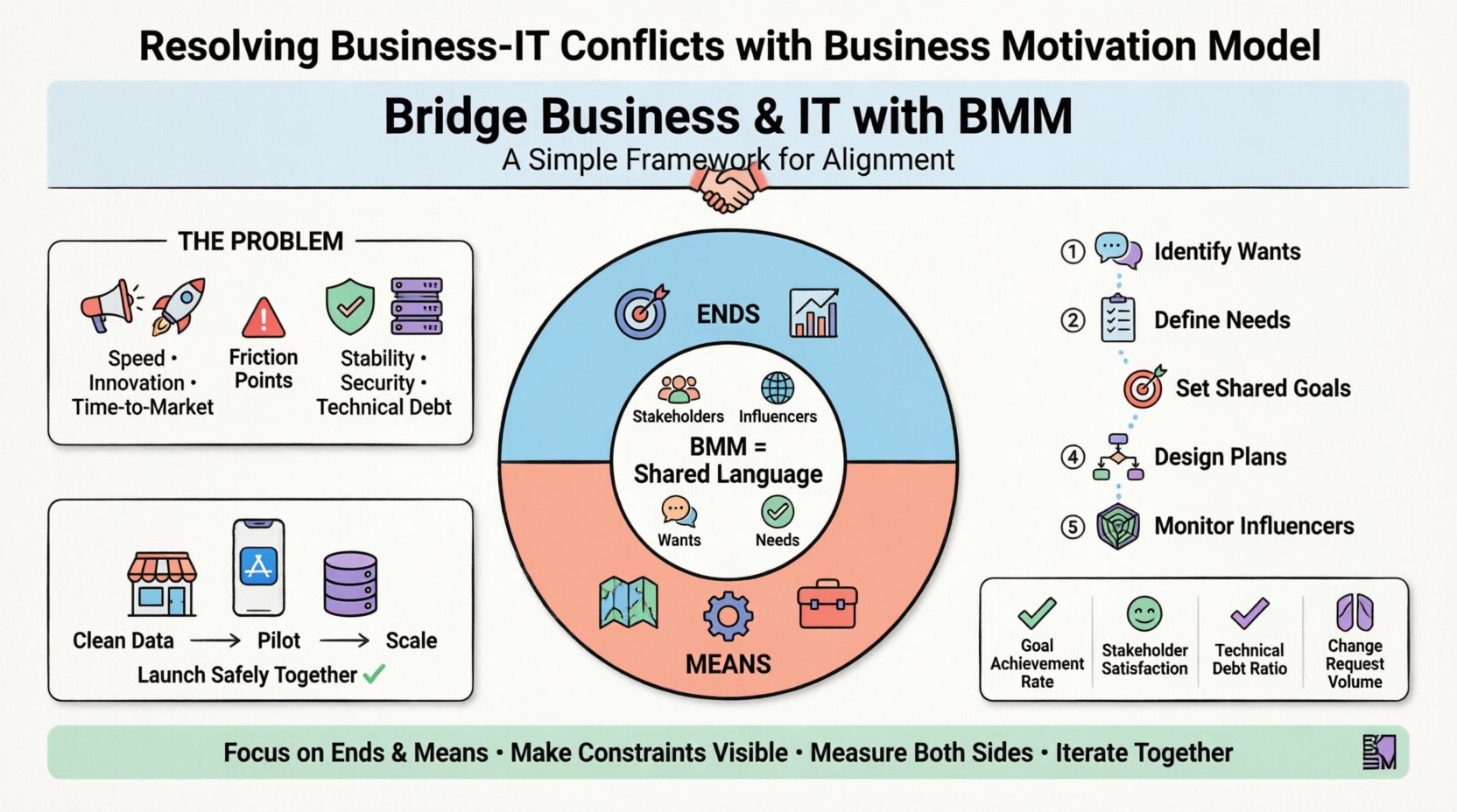 Infographic illustrating how the Business Motivation Model (BMM) resolves conflicts between business units and IT departments. Features a clean flat design with pastel accents showing: (1) friction points between business speed vs IT stability, (2) BMM framework diagram mapping Ends (Goals/Objectives) and Means (Plans/Tactics), (3) five-step resolution process: identify wants, define needs, set shared goals, design plans, monitor influencers, (4) retail industry example demonstrating phased implementation, and (5) success metrics including goal achievement rate and stakeholder satisfaction. Designed with rounded shapes, black outlines, and ample white space for student-friendly learning and social media sharing.