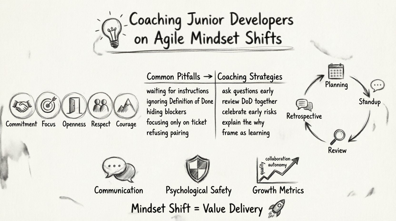 Charcoal sketch infographic illustrating the Agile mindset transformation for junior developers: central flow from academic to professional mindset, five Scrum values (Commitment, Focus, Openness, Respect, Courage) as hand-drawn icons, common pitfalls paired with coaching strategies, Scrum ceremony cycle (Planning, Standup, Review, Retrospective), communication pillars, psychological safety framework, and growth metrics emphasizing quality and collaboration over velocity.