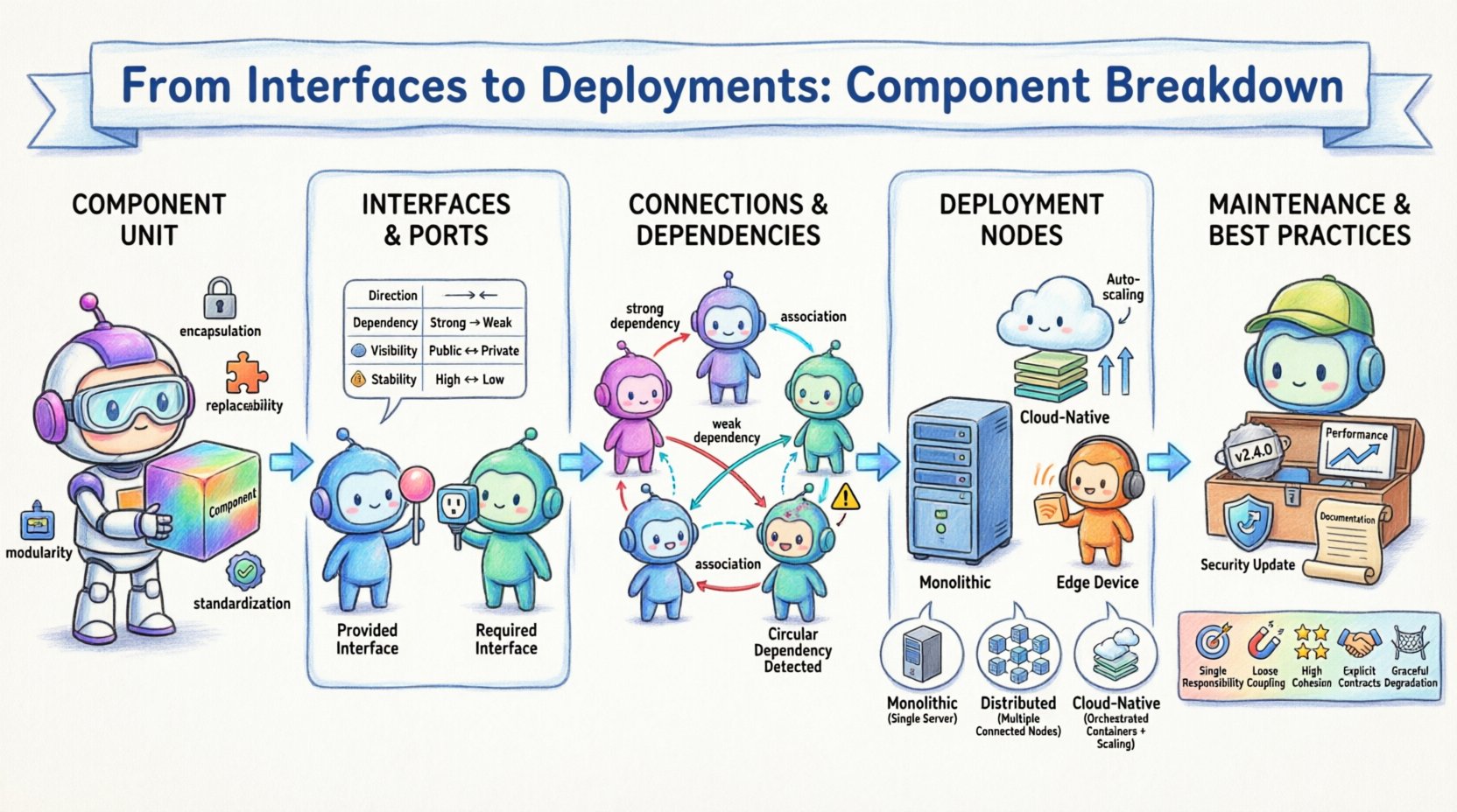 Chibi-style infographic illustrating software component architecture lifecycle from interfaces to deployment, featuring modular component units with encapsulation icons, provided and required interface symbols (lollipop and socket), dependency connection types, deployment scenarios (monolithic, distributed, cloud-native), and maintenance best practices checklist with cute character illustrations