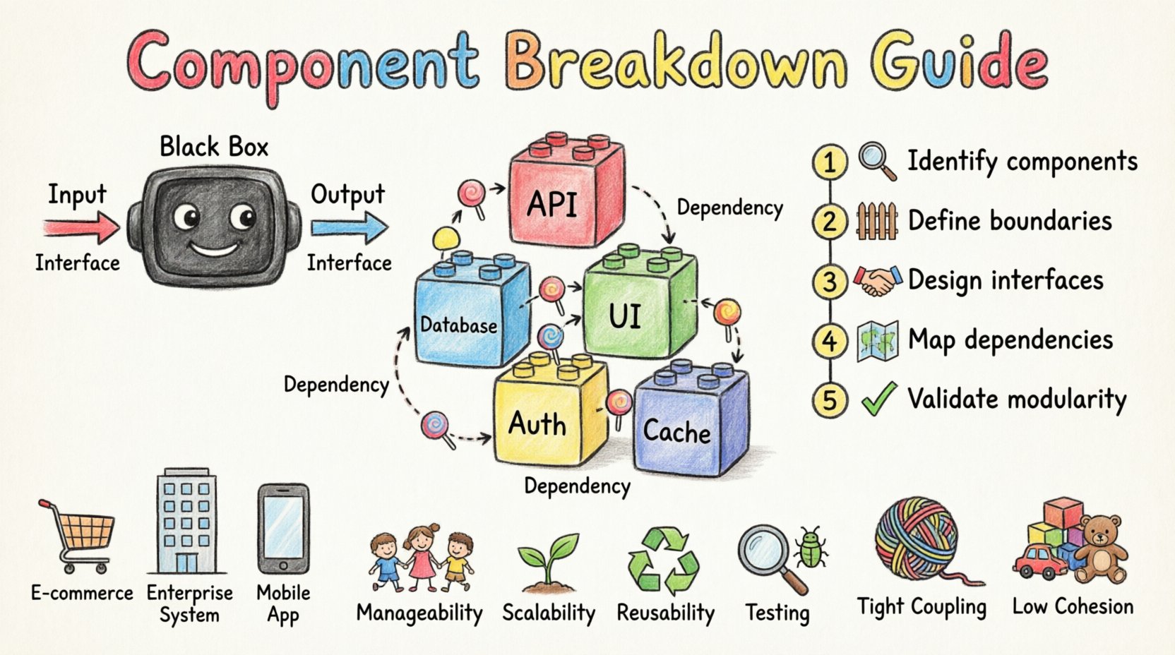 Child-friendly educational infographic explaining component breakdown for Information Systems students, featuring colorful hand-drawn building blocks representing modular components, lollipop interfaces, dependency arrows, a 5-step decomposition process, and key benefits like scalability and reusability in a playful crayon sketch style