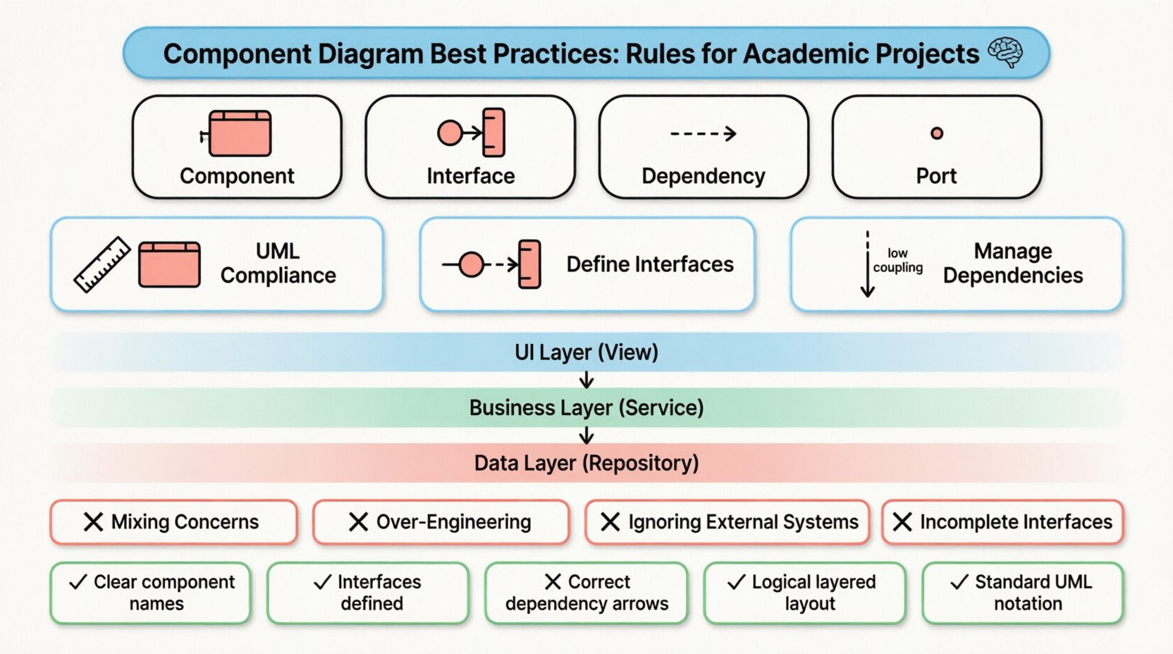 Infographic illustrating component diagram best practices for academic projects: featuring UML key elements (components, interfaces, dependencies, ports), three structural rules (UML compliance, explicit interfaces, dependency management), layered architecture visualization (UI/Business/Data layers), common mistakes to avoid, and a pre-submission checklist, designed in clean flat style with black outline icons, pastel accent colors, rounded shapes, and student-friendly layout