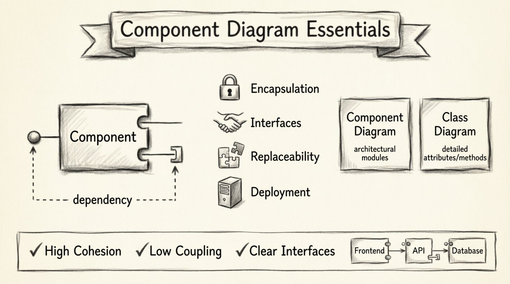 Charcoal sketch infographic illustrating UML component diagram essentials for computer science students: component icons with lollipop/socket interfaces, dependency arrows, key characteristics (encapsulation, interfaces, replaceability, deployment), component vs class diagram comparison, and design principles like high cohesion and low coupling