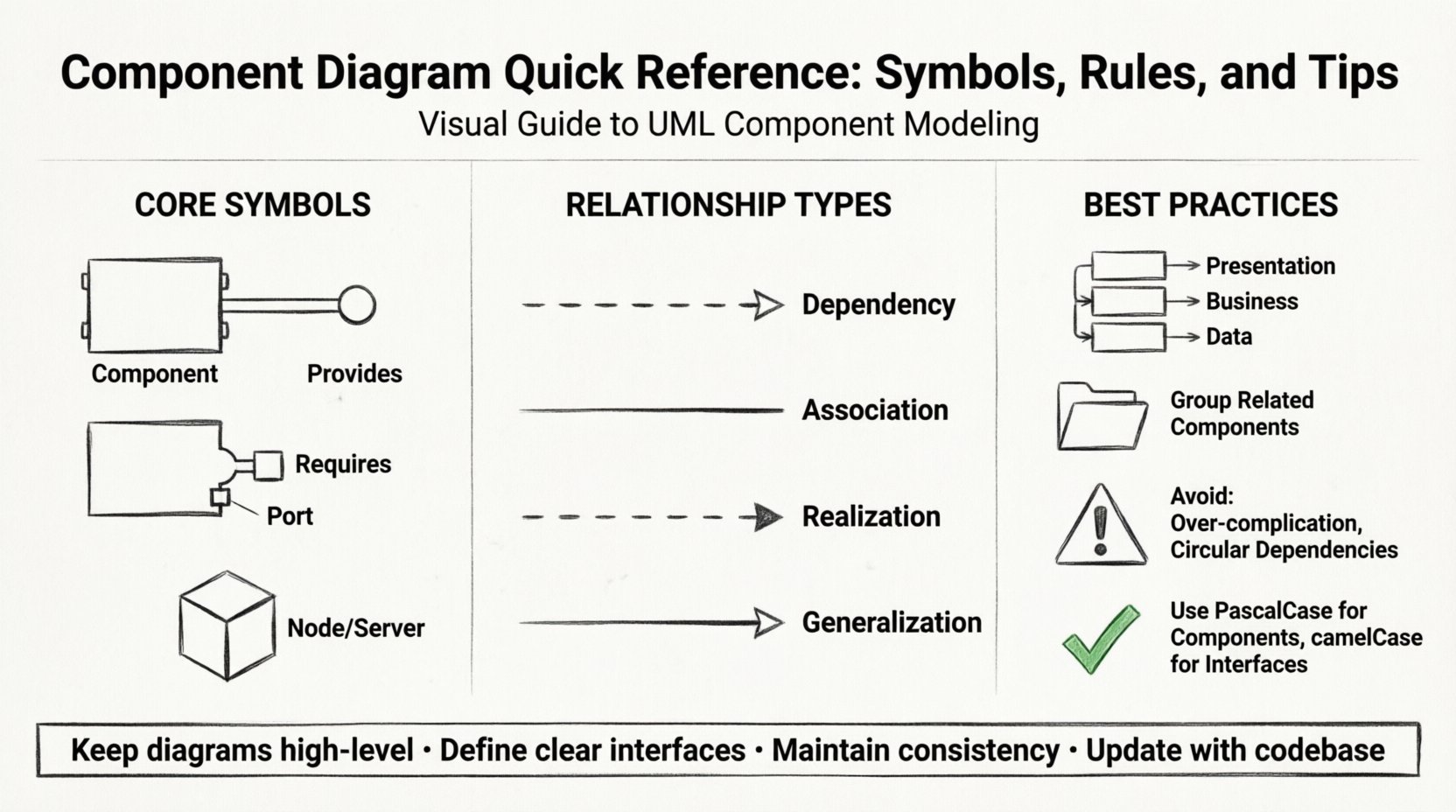 Component Diagram Quick Reference infographic in minimalist line art style showing UML symbols: component rectangle with tabs, lollipop provided interface, socket required interface, ports, and 3D cube nodes; relationship connectors including dependency dashed arrow, association solid line, realization and generalization arrows; best practices for naming conventions, layering architecture, and avoiding circular dependencies; professional black-and-white technical illustration for software architecture documentation