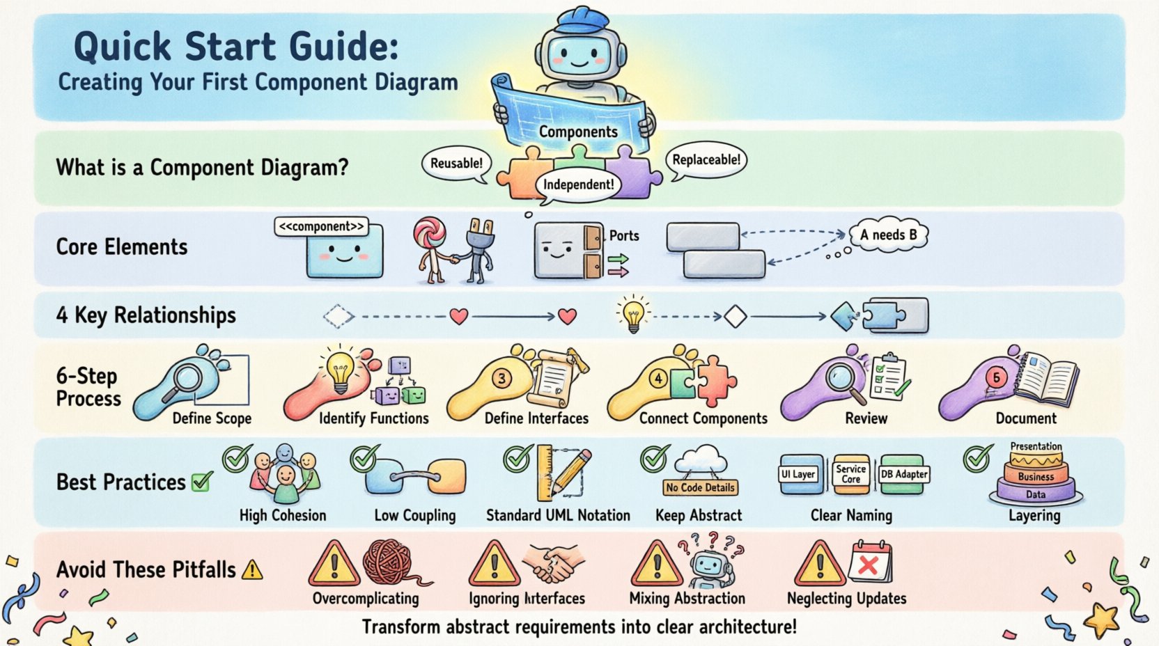 Cartoon infographic guide to creating UML component diagrams showing core elements (components, interfaces, ports, dependencies), relationship types, 6-step creation process, best practices checklist, and common pitfalls to avoid for software architecture visualization