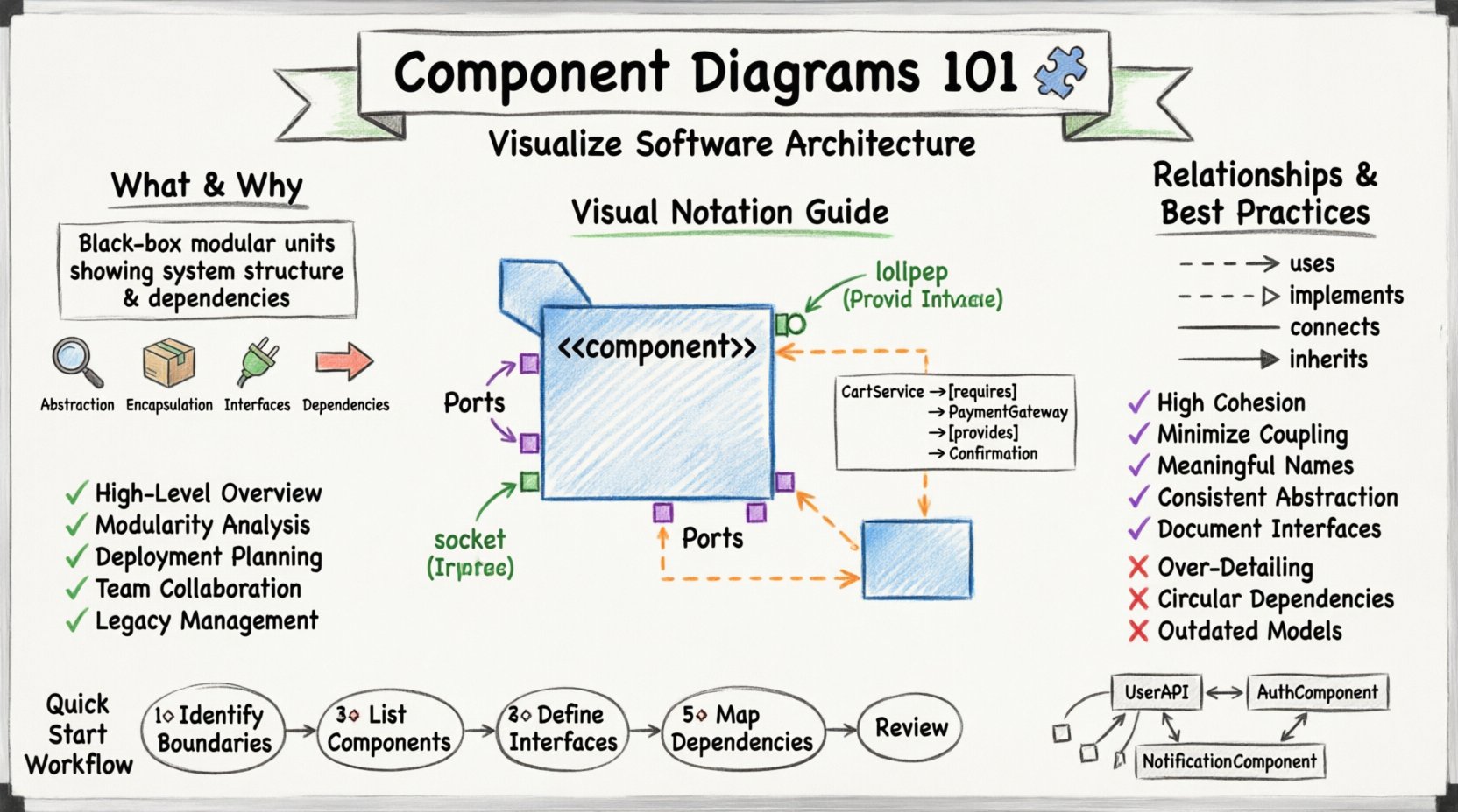 Hand-drawn whiteboard infographic explaining UML component diagrams for beginners: shows component icons with lollipop/socket interfaces, dependency relationships, best practices checklist, and step-by-step creation workflow for software architecture visualization