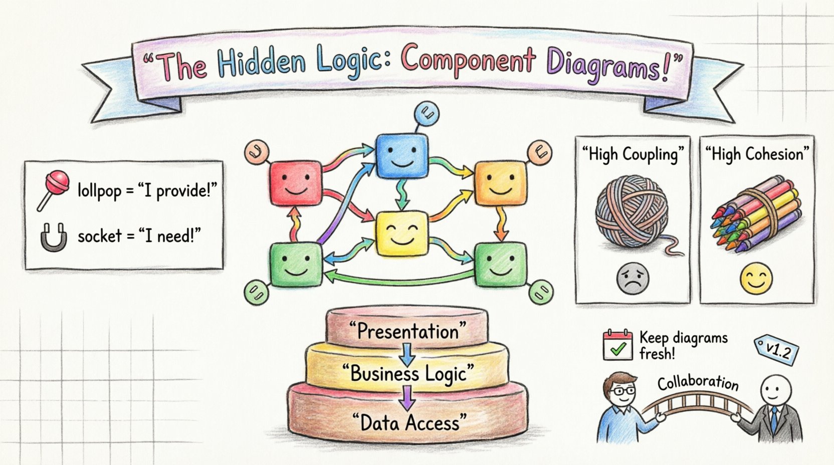 A playful child's drawing style infographic explaining component diagrams in software architecture, featuring colorful block-shaped components with smiley faces connected by wavy arrows, lollipop symbols for provided interfaces, socket symbols for required interfaces, visual comparisons of high coupling versus high cohesion, a three-layer cake illustrating presentation-business-data architecture layers, and icons for diagram maintenance best practices, all rendered in bright crayon texture on notebook paper background with clear English labels