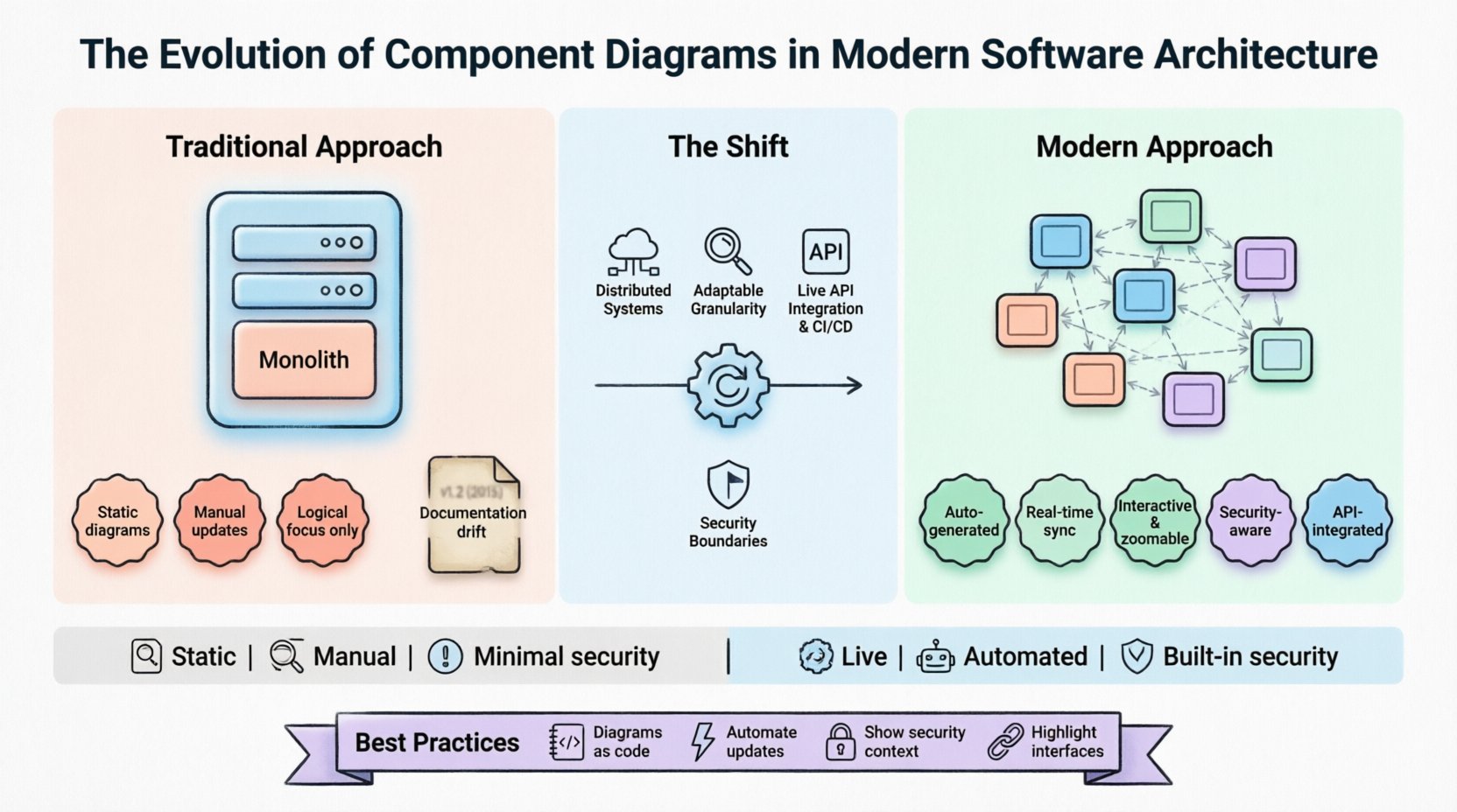 Infographic illustrating the evolution of component diagrams in software architecture: transitioning from traditional static UML monoliths to modern automated, API-integrated, security-aware visualizations for distributed microservices systems, with key comparisons and best practices for developers and students