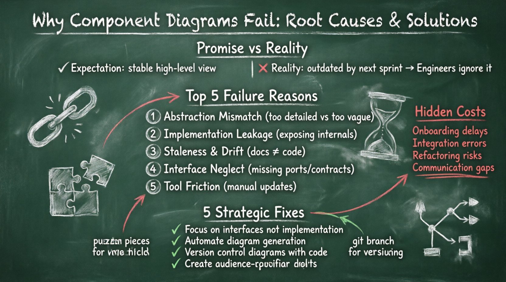 Chalkboard-style infographic explaining why component diagrams fail in software architecture: shows promise vs reality gap, top 5 failure reasons (abstraction mismatch, implementation leakage, staleness, interface neglect, tool constraints), hidden costs of poor modeling, and 5 strategic fixes (focus on interfaces, automate, version control, audience-specific views, regular audits) with hand-drawn teacher-style annotations on dark green background