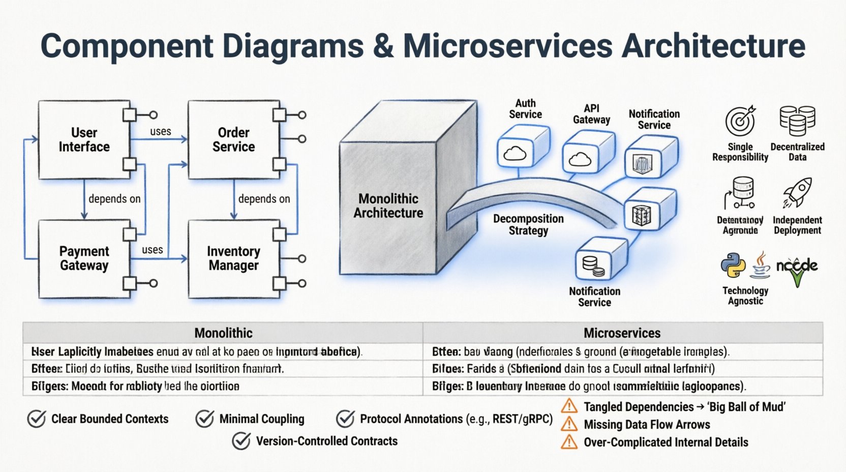Line art infographic illustrating component diagrams and microservices architecture for software engineering students, featuring UML component elements (interfaces, ports, connectors), monolithic-to-microservices transition bridge, key characteristics icons (single responsibility, decentralized data, independent deployment), best practices checklist, and common pitfalls warnings in clean black-and-white technical illustration style
