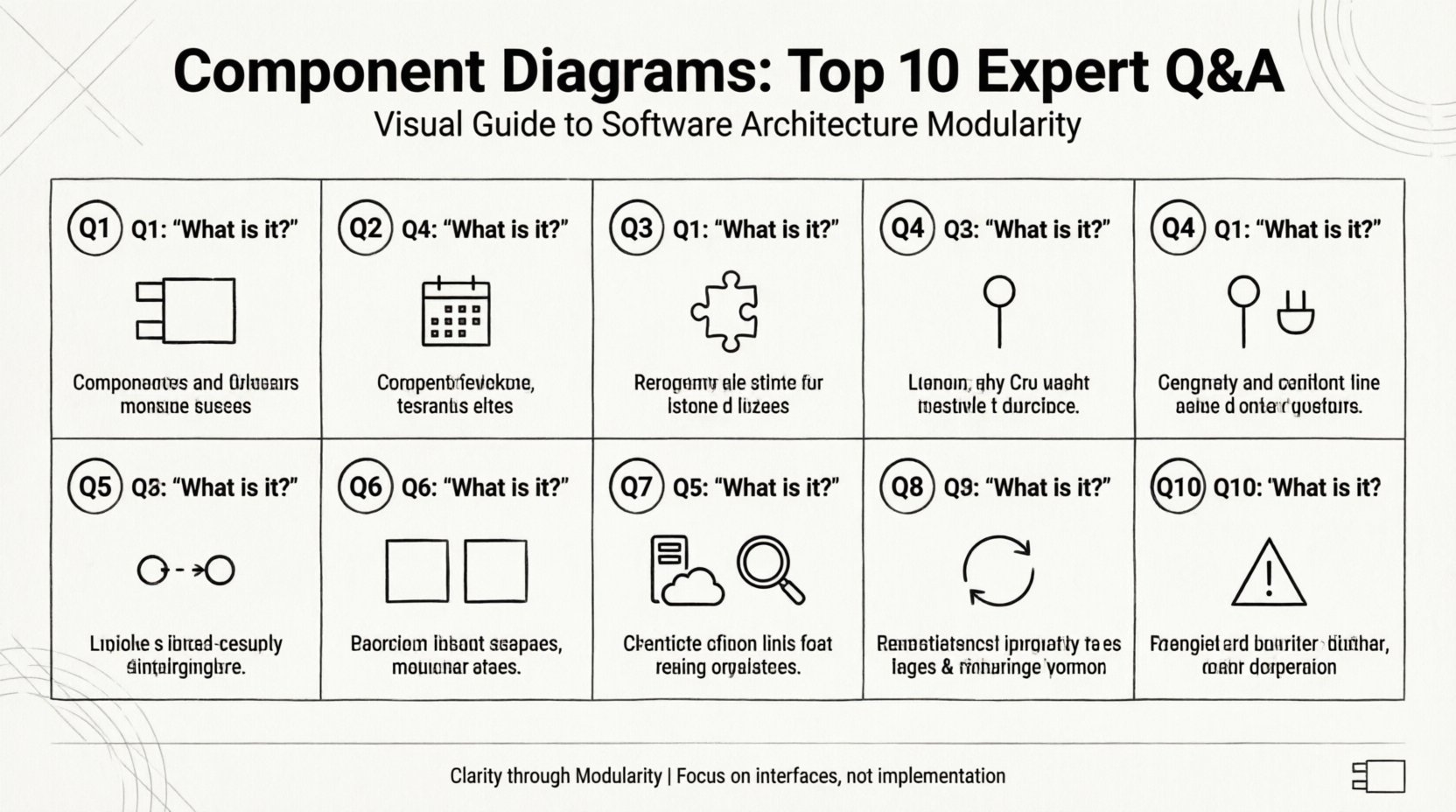 Line art infographic: Component Diagrams Top 10 Expert Q&A - Visual guide covering what component diagrams are, when to use them, key elements (components, interfaces, ports, connections), provided vs required interfaces (lollipop/socket symbols), relationship types (dependency, association, realization, generalization), comparison with class diagrams, deployment support, granularity best practices, maintenance strategies, and common pitfalls to avoid. Clean black-and-white illustrative style for software architecture documentation.