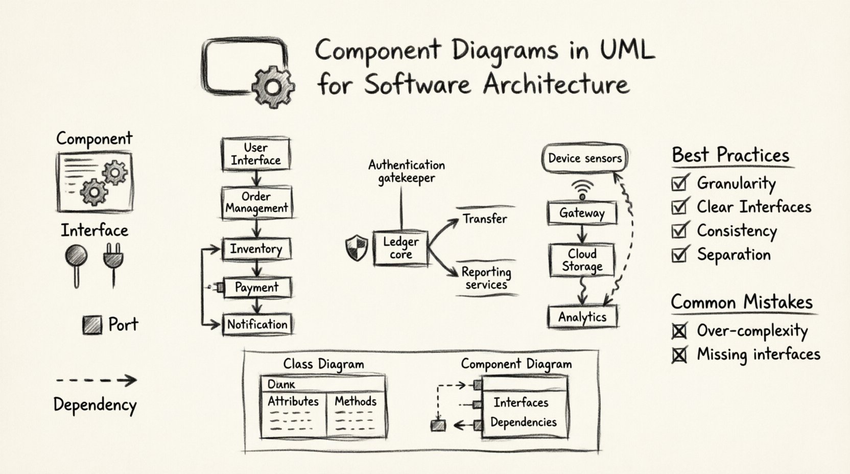 Charcoal sketch infographic illustrating UML component diagrams for undergraduate computer science students, featuring core concepts (components, interfaces, ports, dependencies), three real-world examples (e-commerce platform, banking application, IoT sensor network), best practices vs common mistakes, and a visual comparison of component vs class diagrams in software architecture