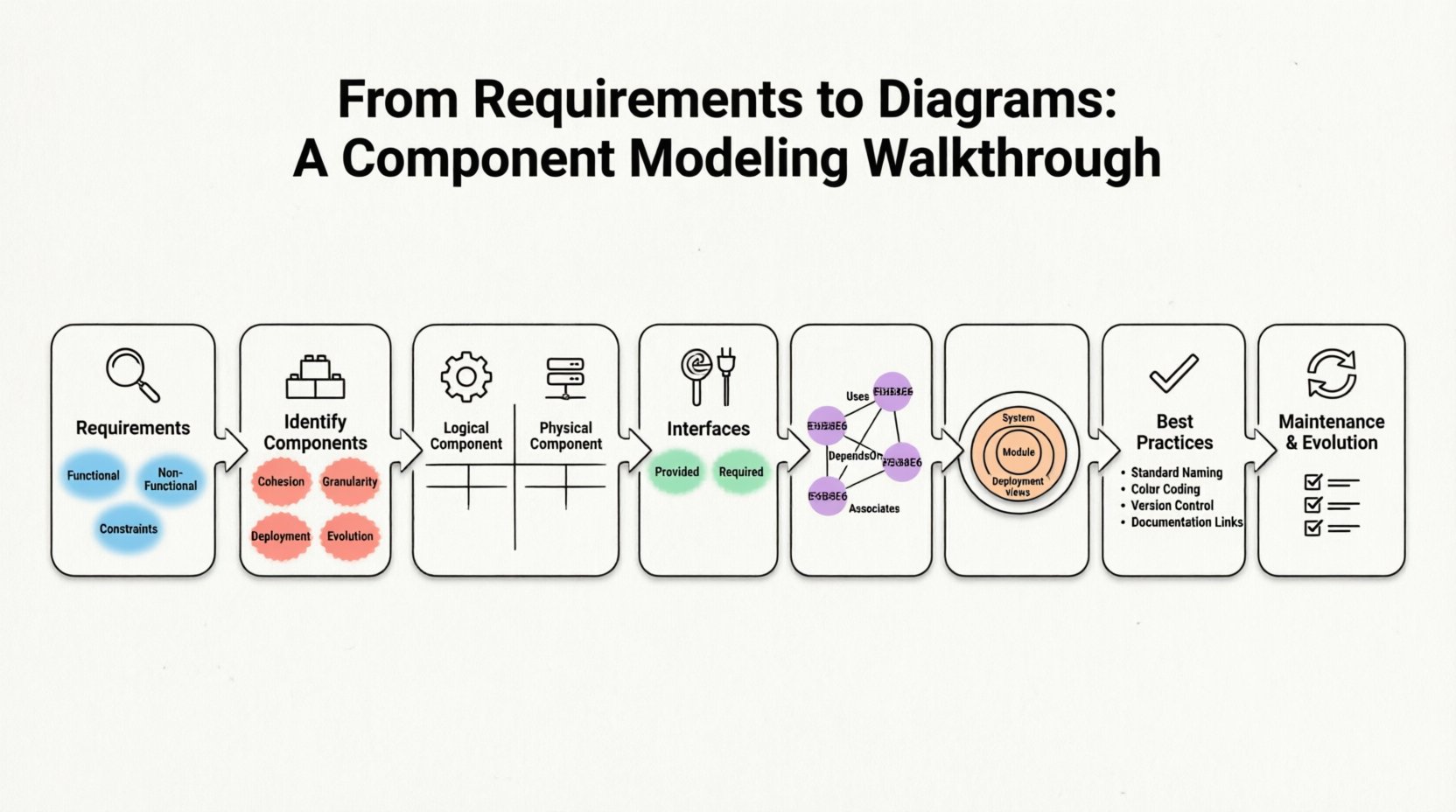 A clean flat-design infographic illustrating the 8-step component modeling workflow for software architecture: starting with requirements analysis (functional, non-functional, constraints), progressing through component identification, logical vs physical component views, interface definition with lollipop/socket notation, relationship mapping, granularity management across system/module/deployment views, best practices checklist, and maintenance cycle - all rendered with uniform black outlines, rounded shapes, and soft pastel accent colors for student-friendly educational content.