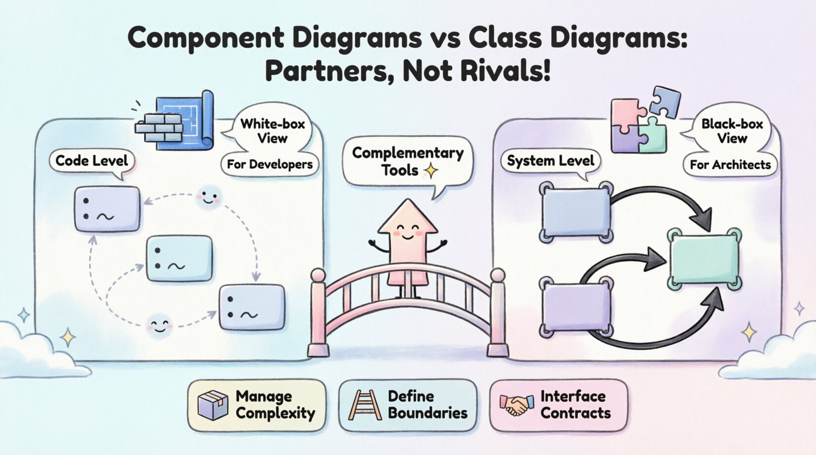 Kawaii-style infographic comparing UML class diagrams and component diagrams in software architecture, featuring cute vector icons showing class diagrams for code-level developer work versus component diagrams for system-level architectural planning, with pastel colors highlighting their complementary roles in managing complexity, defining boundaries, and establishing interface contracts