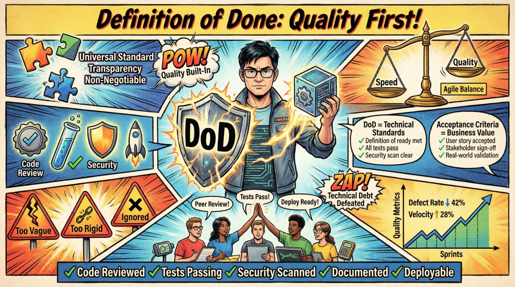 Comic book style infographic summarizing Definition of Done for Agile quality: featuring core principles (universal standard, transparency, non-negotiable), essential components (code reviews, unit tests, security scans, deployment readiness), DoD vs Acceptance Criteria comparison, common pitfalls to avoid, and quality metrics for continuous software development improvement
