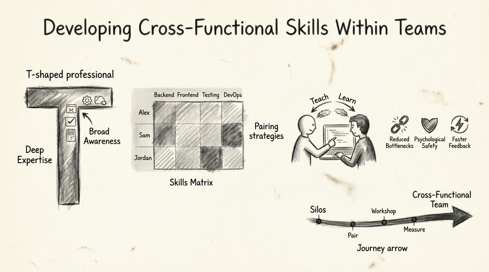 Charcoal sketch infographic illustrating cross-functional team development in Scrum: T-shaped professionals with deep expertise and broad awareness, skills matrix tracking competencies, pair programming and job rotation strategies, benefits including reduced bottlenecks and faster feedback loops, and a progression journey from siloed roles to collaborative cross-functional delivery