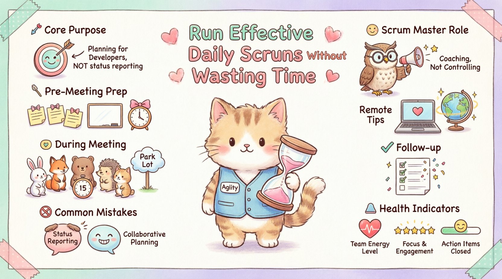Kawaii-style infographic summarizing best practices for running effective 15-minute Daily Scrums: core purpose (planning not reporting), pre-meeting prep (updated board, consistent time), meeting facilitation (stand-up, park side conversations), common mistakes to avoid, Scrum Master coaching tips, remote/hybrid team strategies, and health indicators like duration, engagement, and blocker resolution—illustrated with cute pastel characters, icons, and playful design for agile teams