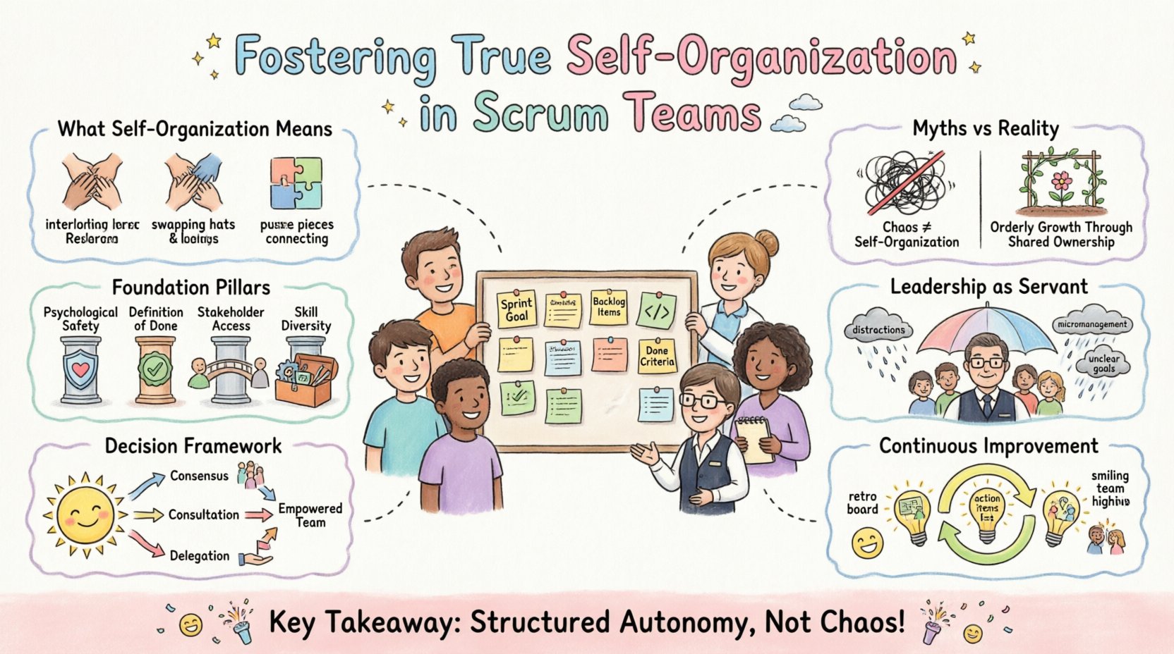 Whimsical infographic illustrating key principles of self-organization in Scrum teams: shared accountability, psychological safety, servant leadership, decision-making frameworks, and continuous improvement, depicted with playful cartoon characters collaborating around a Scrum board