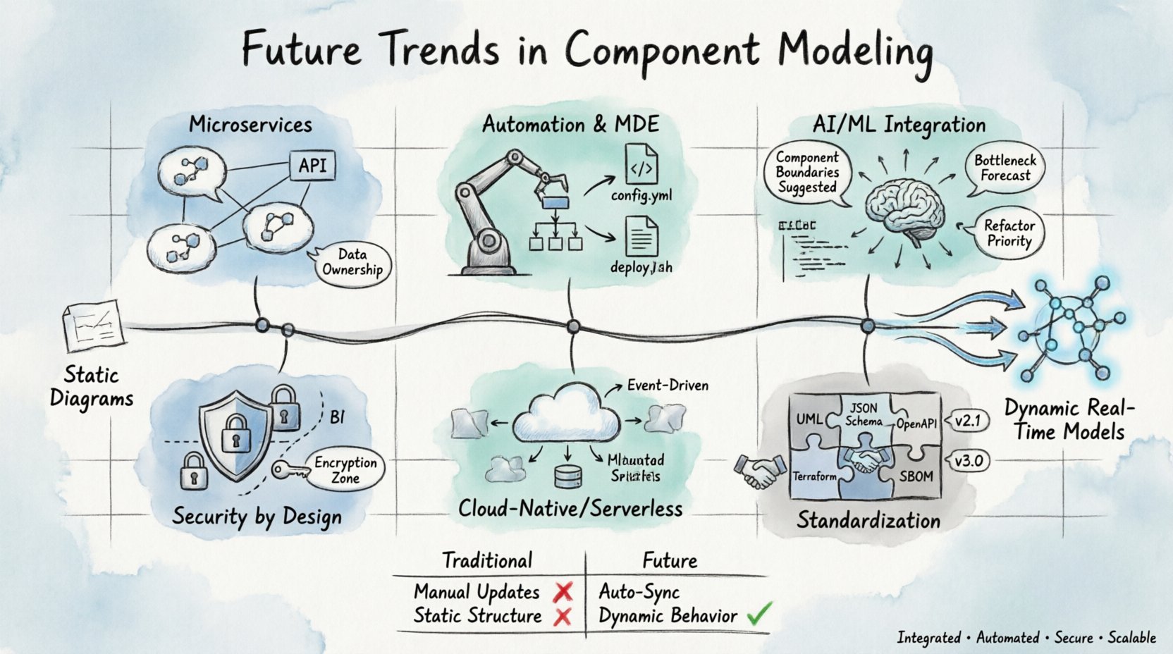 Hand-drawn infographic illustrating future trends in component modeling: evolution from static diagrams to dynamic real-time visualization, microservices architecture with distributed boundaries, automation and model-driven engineering workflows, AI-powered design suggestions, security-by-design principles with trust boundaries, cloud-native serverless patterns, and standardization for interoperability. Features comparison table of traditional vs. future approaches with icons for automation, AI, security, and cloud integration.