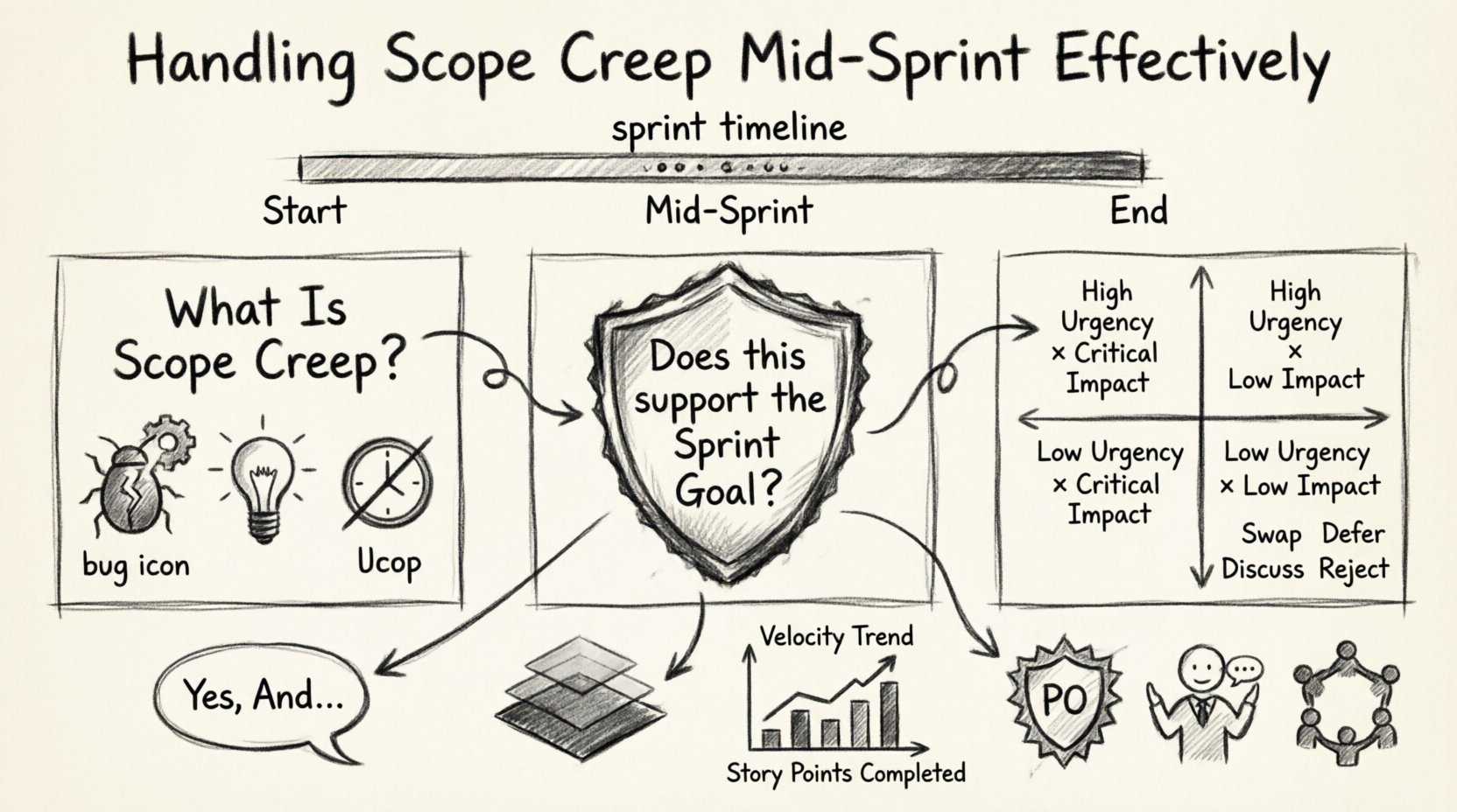 Charcoal sketch infographic summarizing strategies for managing scope creep during Agile sprints, featuring sprint timeline, decision matrix for mid-sprint changes, communication techniques like 'Yes And' approach, Product Owner gatekeeper role, and team protection protocols in monochrome hand-drawn style