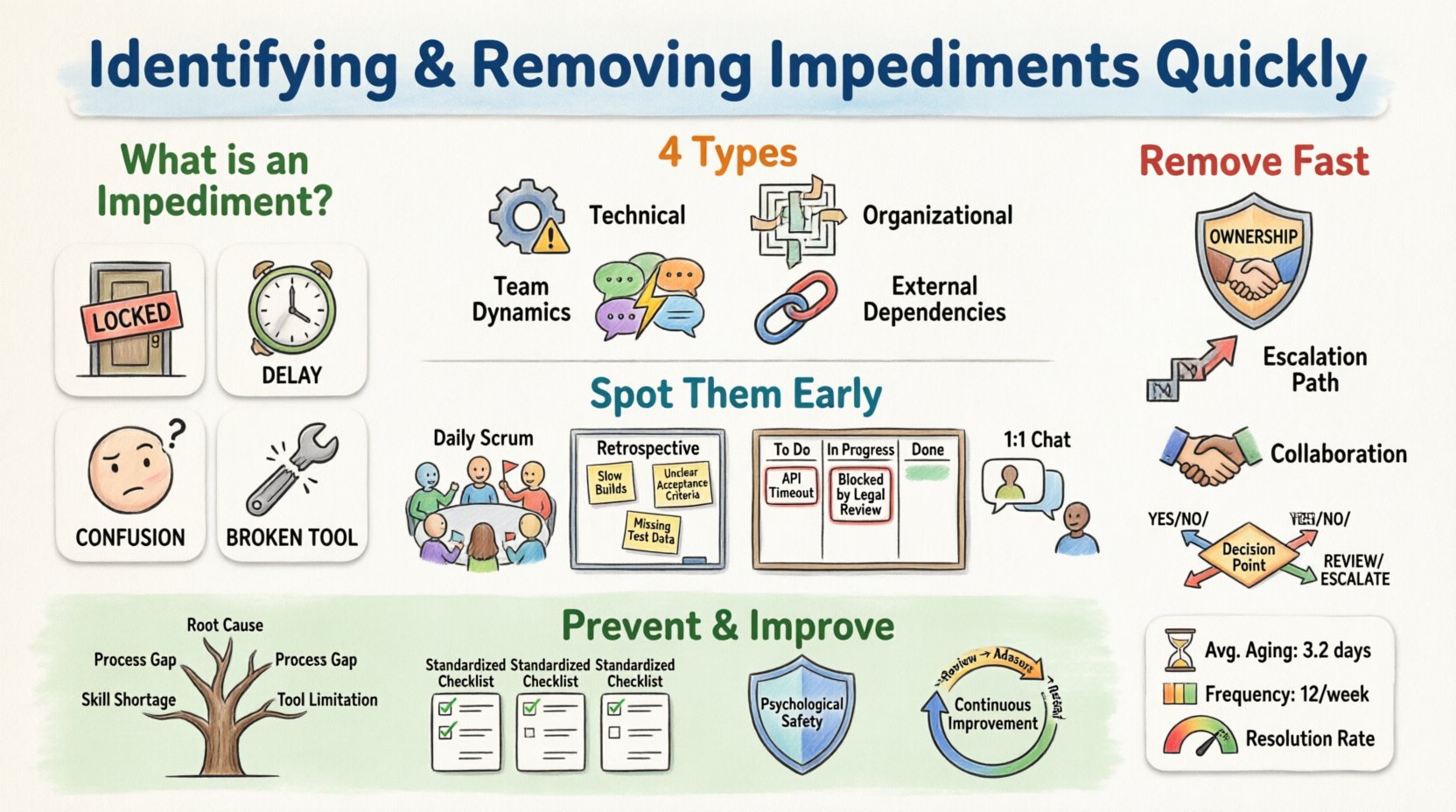 Cartoon infographic summarizing how Agile Scrum teams identify and remove impediments: defining blockers, categorizing types (technical, organizational, team dynamics, external), identification strategies (Daily Scrum, retrospectives, visual boards), removal workflow (ownership, escalation, collaboration), and prevention techniques (root cause analysis, standardization, psychological safety) with metrics tracking