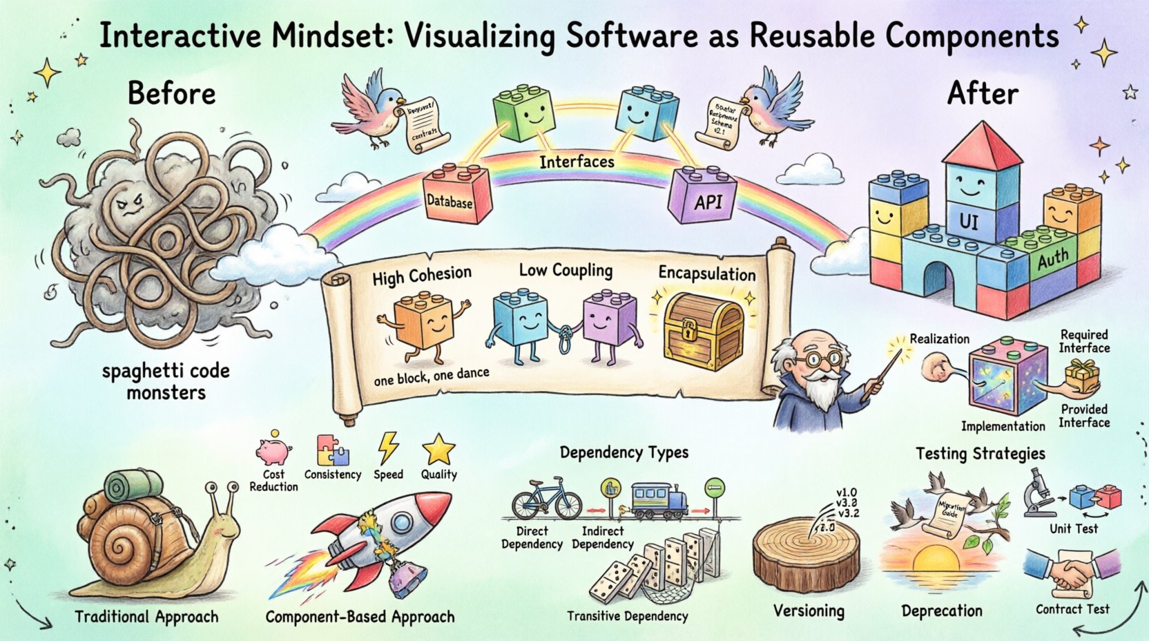 Whimsical infographic illustrating software architecture as colorful reusable building blocks, showing component diagrams with interfaces and dependencies, design principles of high cohesion, low coupling, and encapsulation, benefits comparison of traditional vs component-based development, and strategies for testing, versioning, and implementation in a playful illustrated style