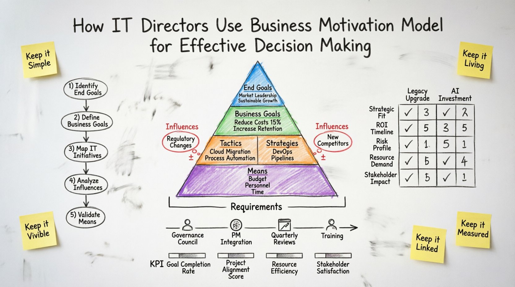 Hand-drawn whiteboard infographic illustrating how IT Directors apply the Business Motivation Model for strategic decision-making, featuring a color-coded hierarchy of core elements (End Goals in blue, Business Goals in green, Tactics/Strategies in orange, Influences in red, Means in purple), a 5-step alignment process flowchart, a comparative decision matrix for technology investments, implementation roadmap milestones, and key performance indicators for measuring governance success