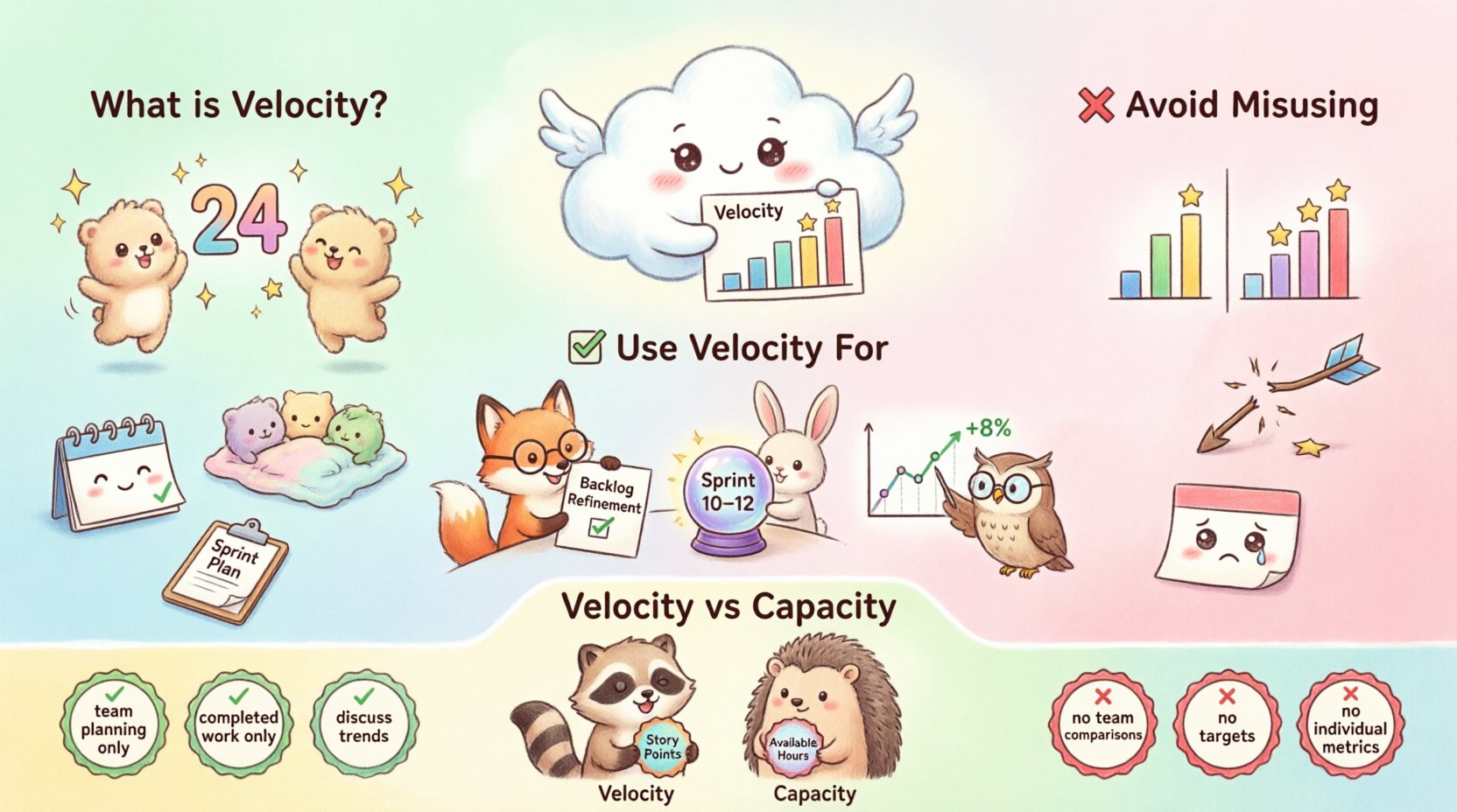 Kawaii-style infographic explaining Agile Scrum velocity: cute animal characters illustrate proper use of velocity for sprint planning, release forecasting, and trend analysis, while warning against misuses like comparing teams, setting targets, or measuring individuals; includes velocity vs capacity comparison and do's/don'ts checklist in soft pastel colors
