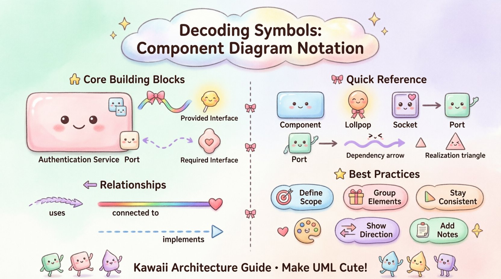 Kawaii-style infographic guide to UML component diagram notation featuring cute pastel illustrations of component symbols, lollipop and socket interfaces, ports, dependency arrows, association lines, and realization relationships with friendly faces and soft colors, designed to help software developers and architects learn visual modeling conventions in an approachable way