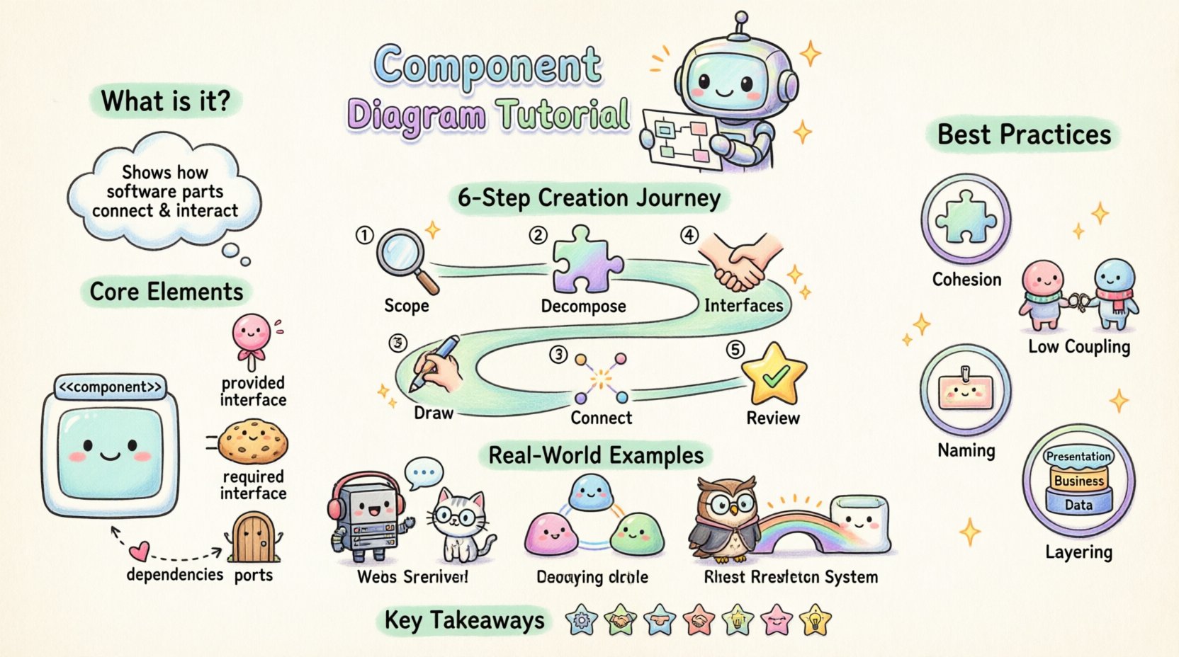 Kawaii-style educational infographic explaining UML component diagrams for students, featuring cute pastel illustrations of core elements including component symbols, lollipop and socket interfaces, ports, and dependency arrows, plus a 6-step visual guide for creating diagrams, best practices checklist, comparison with other UML diagrams, and real-world examples like web apps and microservices, all designed in adorable chibi aesthetic with soft colors and friendly mascot characters