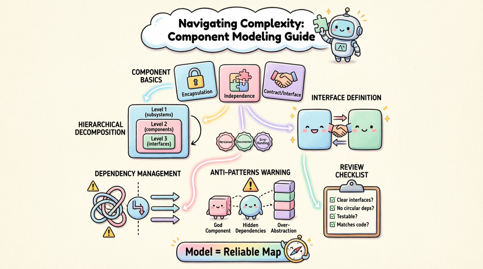 Cute kawaii-style infographic illustrating large-scale component modeling principles: component basics (encapsulation, independence, contract), hierarchical decomposition levels, interface definition with handshake, dependency management best practices, common anti-patterns to avoid, and review checklist - all in pastel vector art with rounded shapes for software architecture education