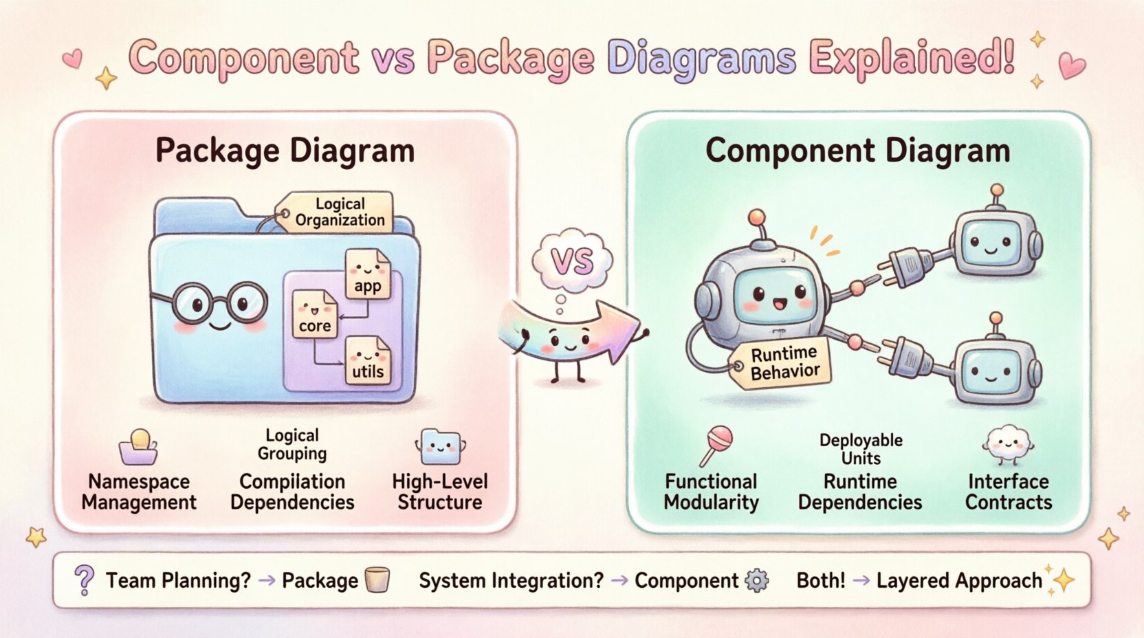 A cute kawaii-style infographic in 16:9 format comparing UML Component Diagrams and Package Diagrams, featuring a smiling folder character representing Package Diagrams (logical organization, namespace management, compilation dependencies) on the left, and a friendly robot component character with plug interfaces representing Component Diagrams (functional modularity, runtime behavior, interface contracts) on the right, with pastel colors, rounded elements, and a simple decision guide at the bottom for choosing the right diagram type