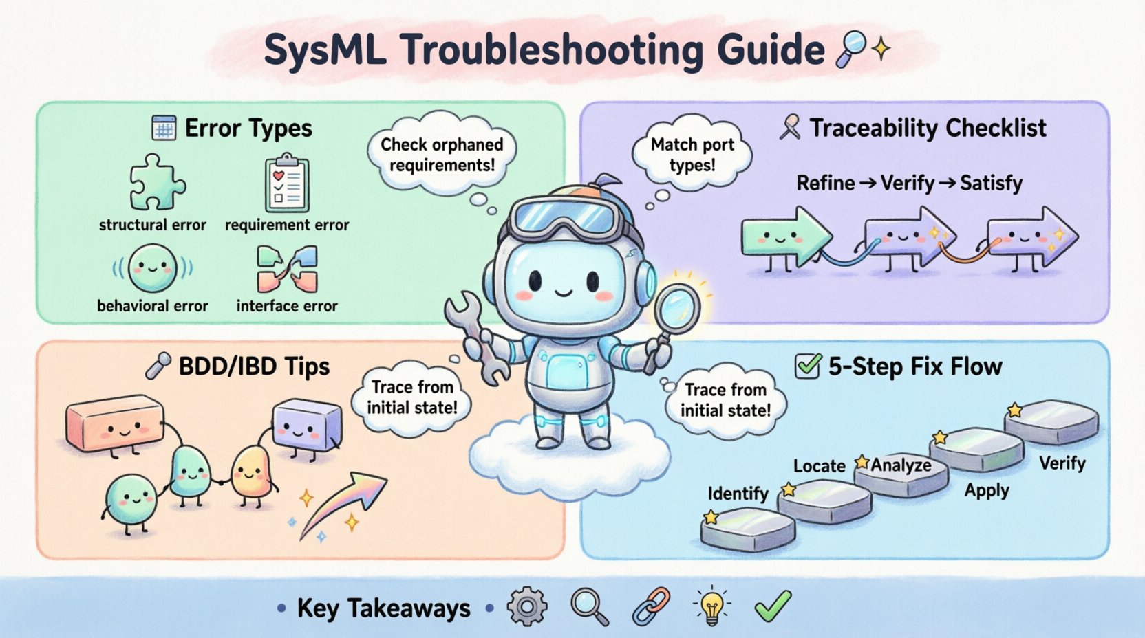 Kawaii-style infographic guide for SysML troubleshooting featuring a cute robot engineer, four error categories (structural, requirement, behavioral, interface), traceability checklist with Refine-Verify-Satisfy relationships, BDD/IBD diagram tips with friendly block characters, and a 5-step diagnostic flow (Identify-Locate-Analyze-Apply-Verify), all in soft pastel colors with rounded shapes and playful icons for intuitive systems modeling error resolution