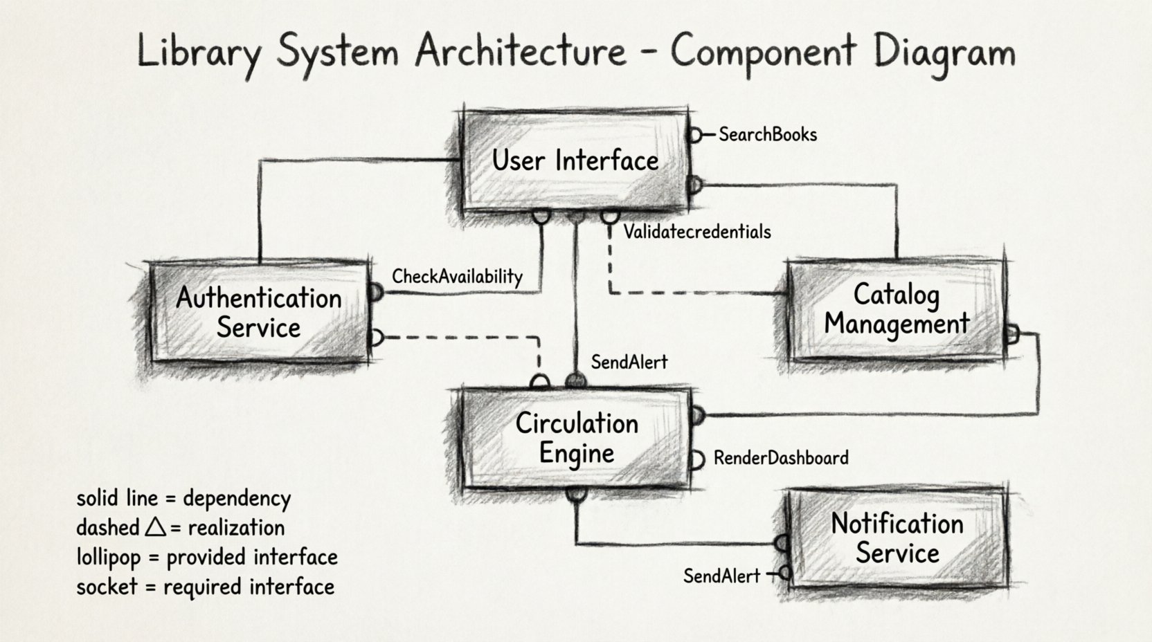 Charcoal sketch infographic of a library management system component diagram showing five modular components (User Interface, Authentication Service, Catalog Management, Circulation Engine, Notification Service) connected via UML interface notation with lollipop and socket symbols, illustrating dependencies, ports, and architectural relationships in a clean 16:9 educational layout