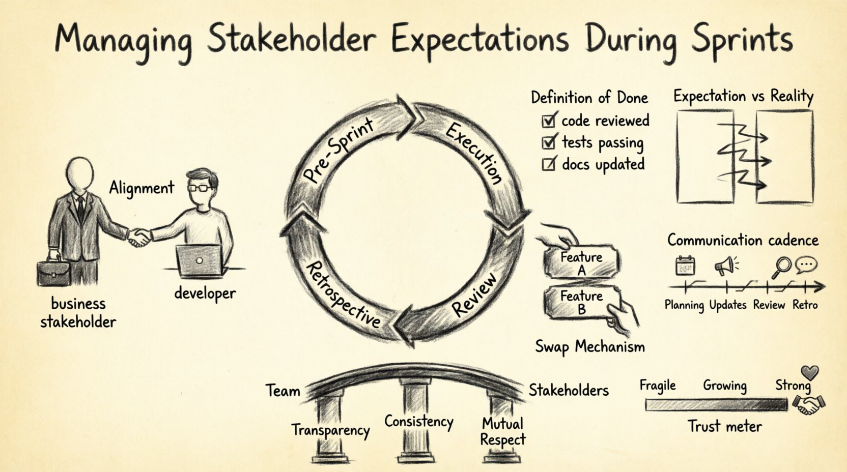 Charcoal sketch infographic illustrating strategies for managing stakeholder expectations during Agile sprints: shows sprint cycle phases, stakeholder-team alignment handshake, Definition of Done checklist, expectation vs reality comparison, swap mechanism for scope changes, communication cadence timeline, and trust-building pillars of transparency, consistency, and mutual respect connecting development teams with business stakeholders.