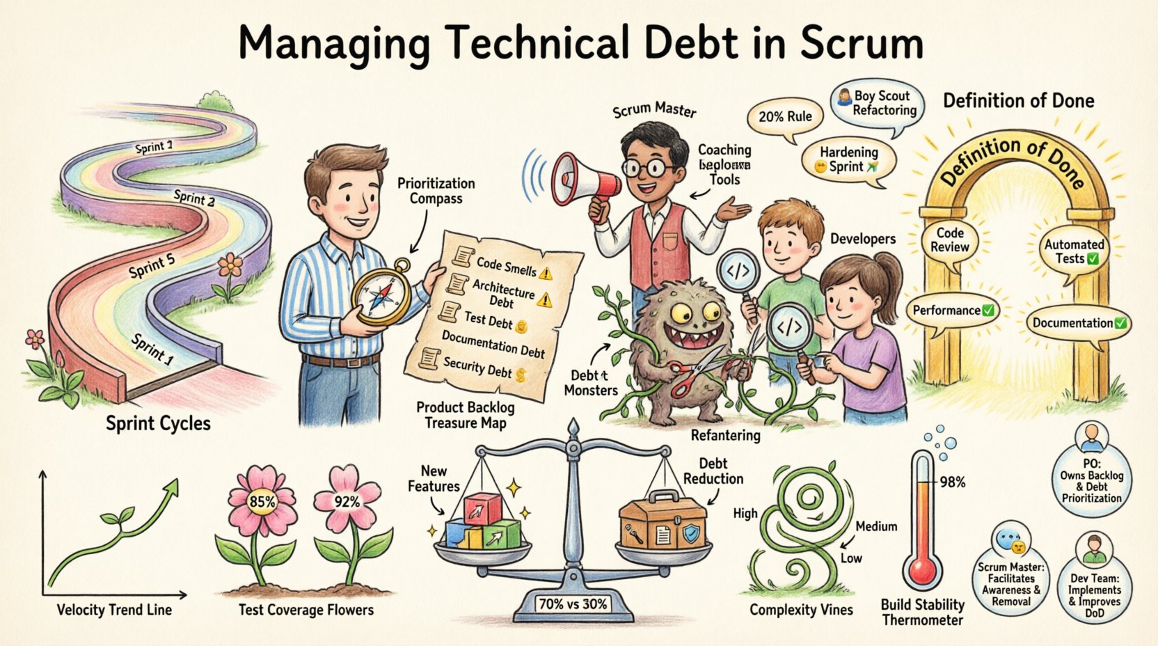 Whimsical infographic illustrating strategies for managing technical debt within Scrum frameworks: shows Scrum team roles (Product Owner, Scrum Master, Developers), types of debt (code smells, architecture, test, documentation, security), prioritization tactics (20% rule, Boy Scout refactoring, spikes), Definition of Done quality gate, metrics tracking (velocity, test coverage, complexity), and culture of qualityβall depicted in a playful garden metaphor with cartoon characters, colorful icons, and hand-drawn style for educational blog content