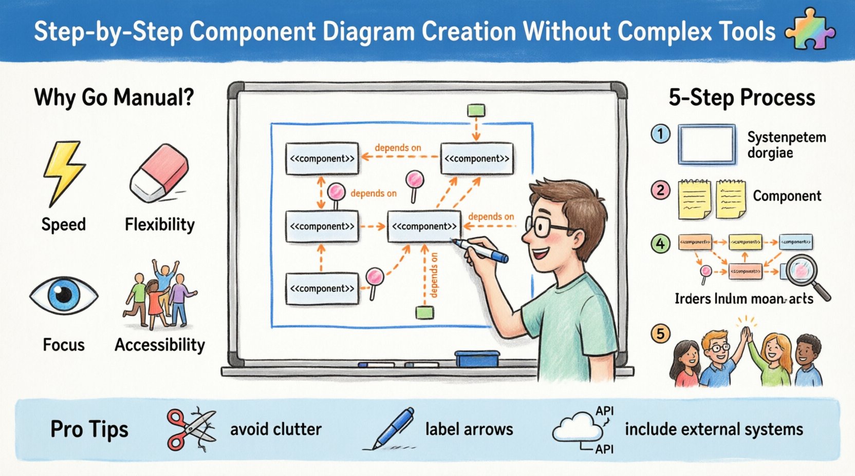 Cartoon infographic illustrating how to create UML component diagrams without complex software tools, featuring a 5-step manual drafting process with whiteboard sketches, component symbols (rectangles, lollipop interfaces, dependency arrows), sticky notes for modular planning, team collaboration scenes, and pro tips for clarity, naming conventions, and avoiding common mistakes in software architecture documentation